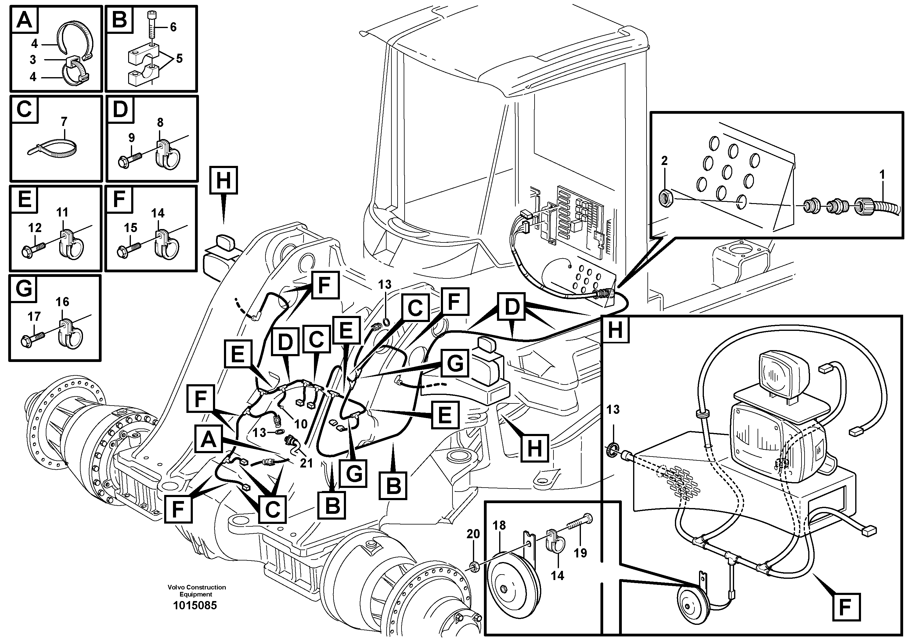 Front cable harness with assembly parts  STD, OPEN ROPS — volvo parts diagram