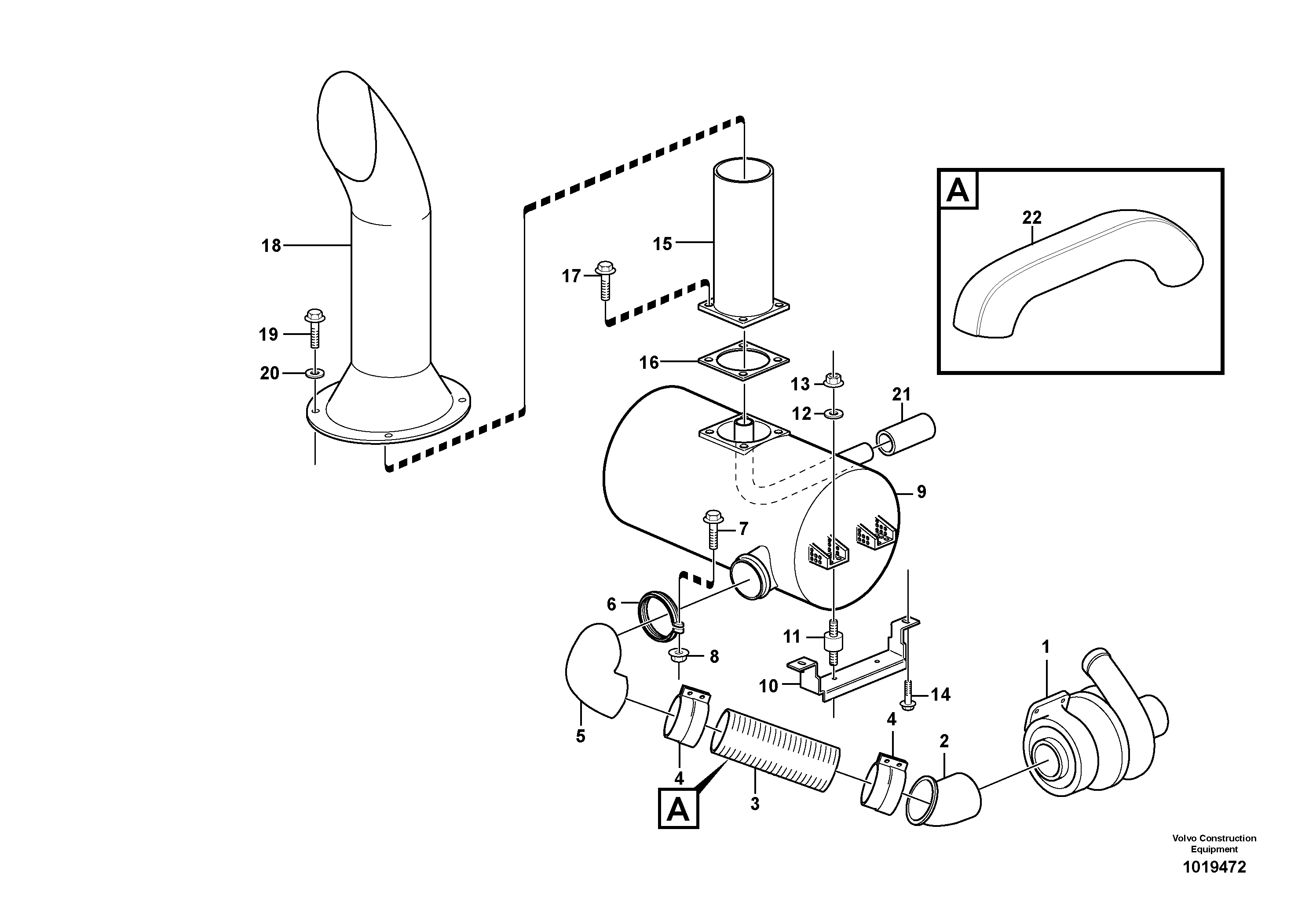 Exhaust system, silencer STD, OPEN ROPS — volvo parts diagram
