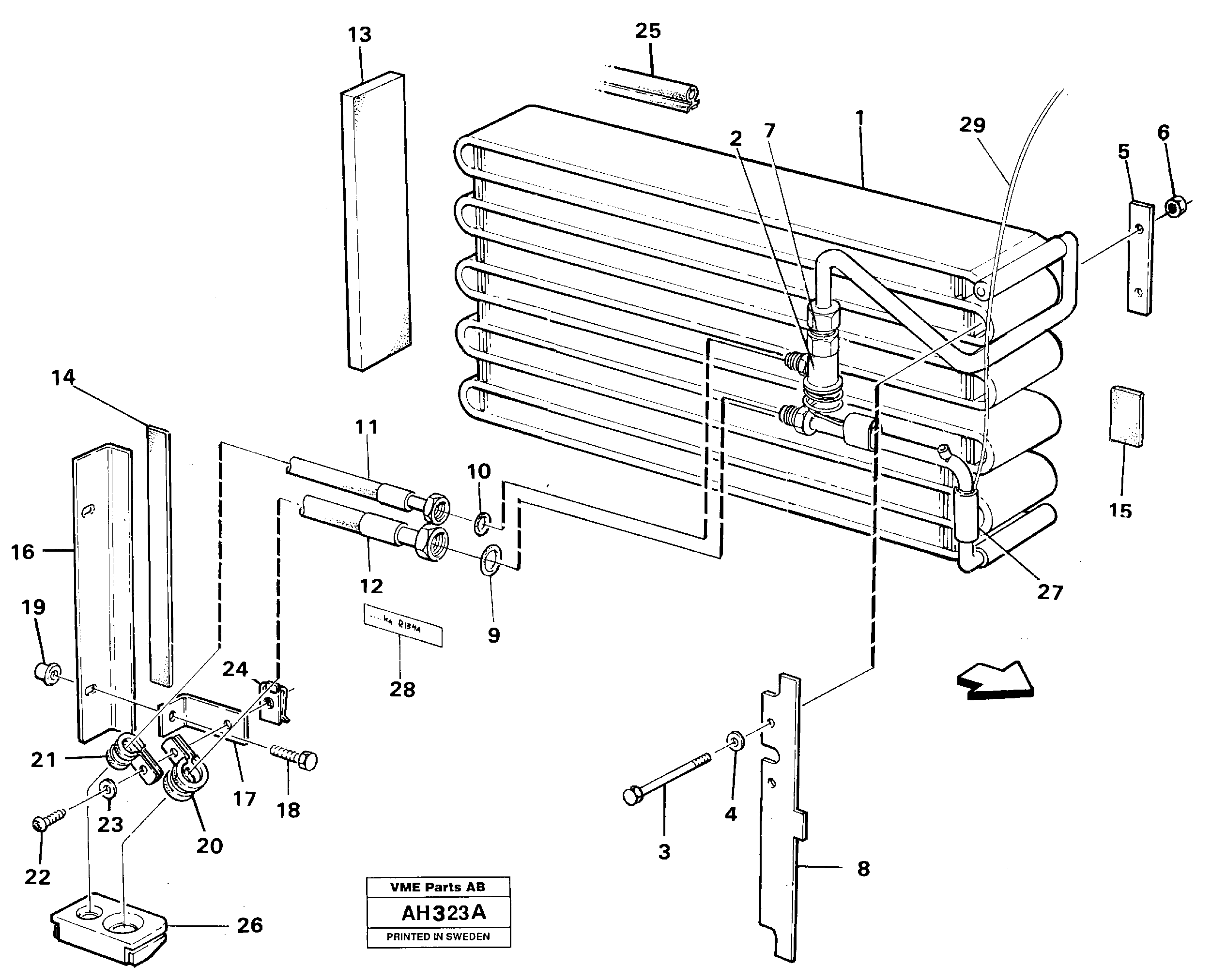 Evaporator for cooling agent R134a with fitting parts.  92244 — volvo parts diagram