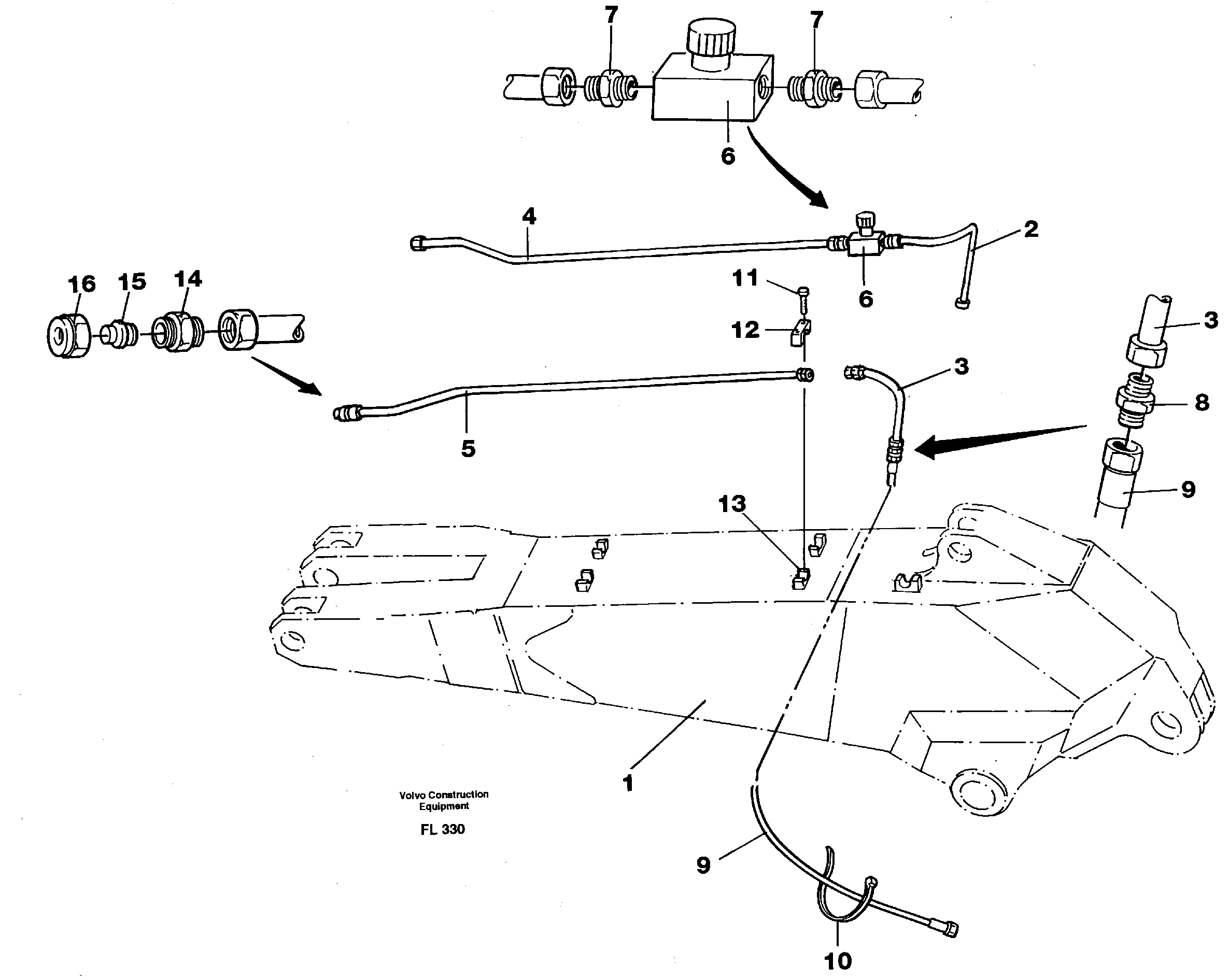 Slope bucket equipment ondipper 2.25 m/ 2.80 m incl tubings on left side  14254106 14256614 — volvo parts diagram