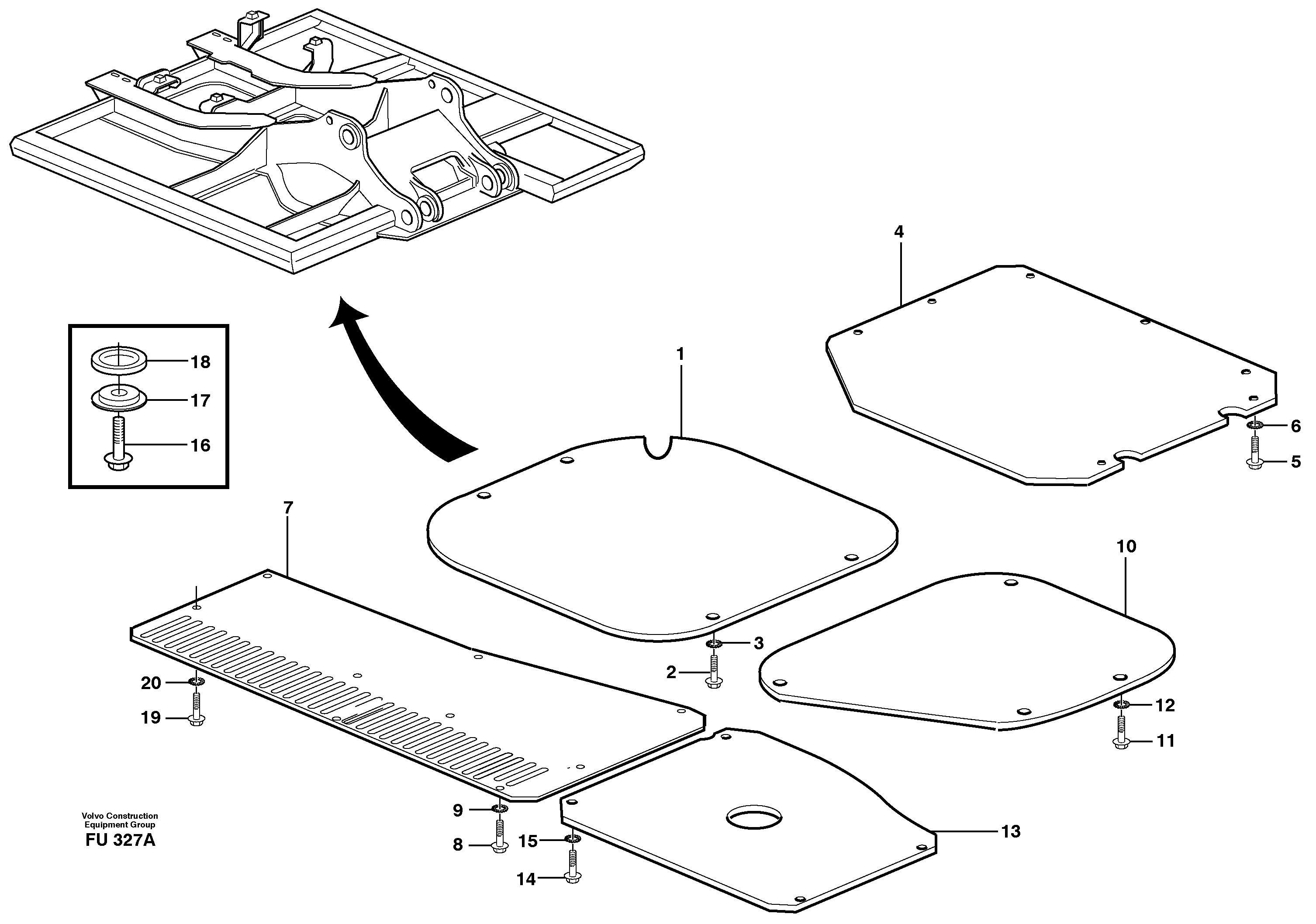 Hatches under engine, hydr.pumps, cooler, m.valve and fuel tank. — volvo parts diagram