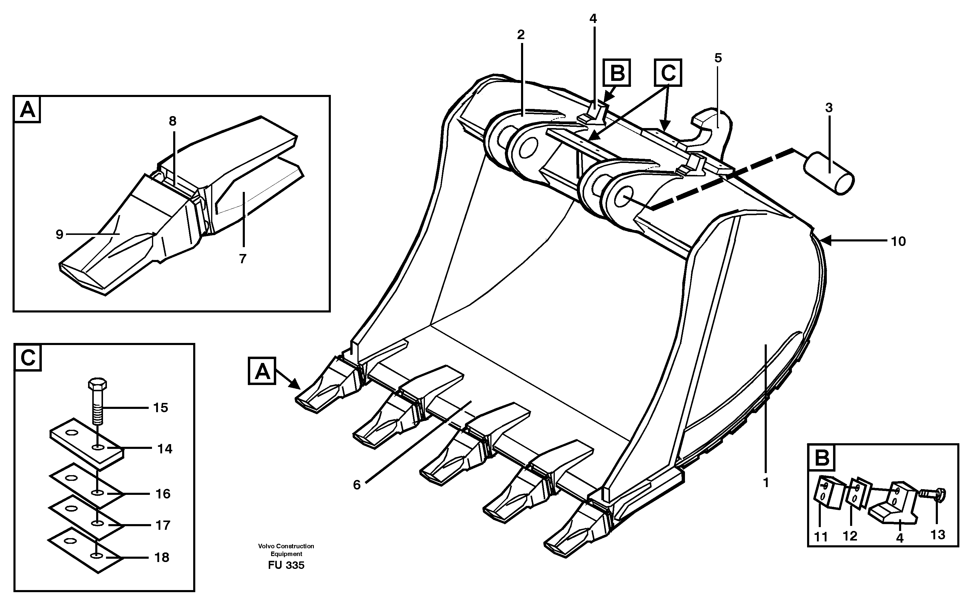 Buckets for Quickfit Esco Super V  14302072, 14302073, 14302074 — volvo parts diagram