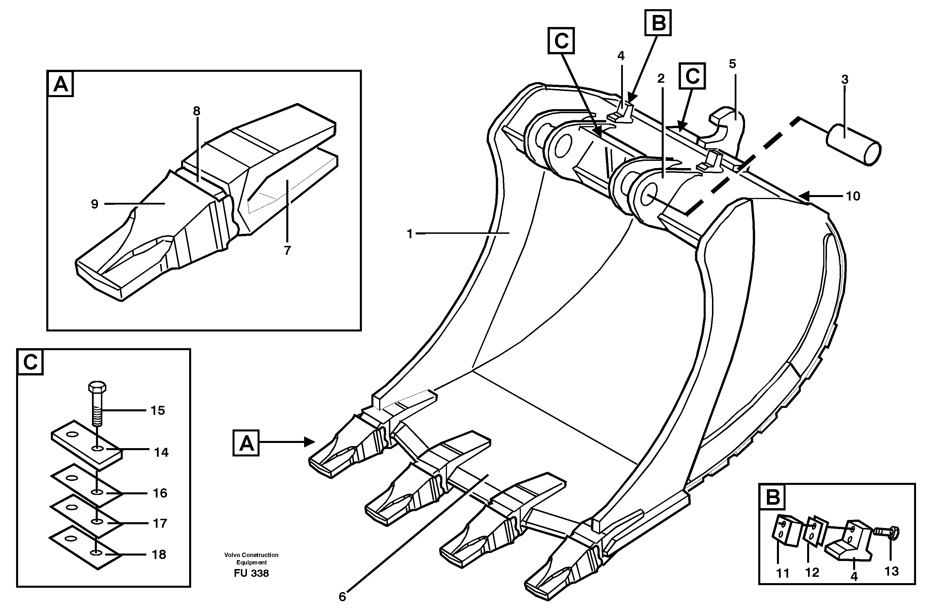 Buckets for Quickfit Esco Super V  14302583,14302522,14302582 — volvo parts diagram