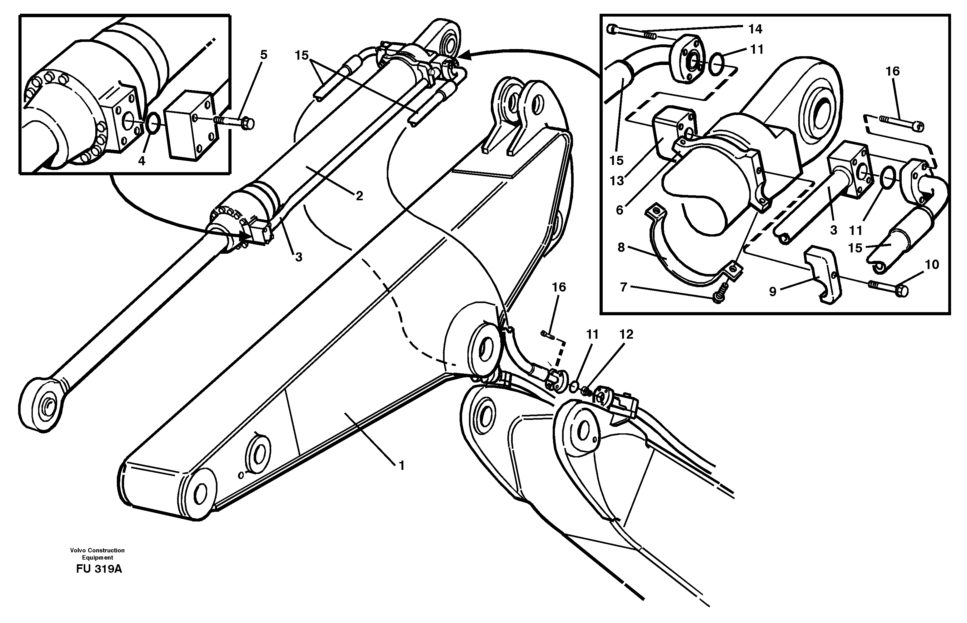 Cylinder hydraulics, dipper arm  14302015 14302012 14302013 14302014 — volvo parts diagram