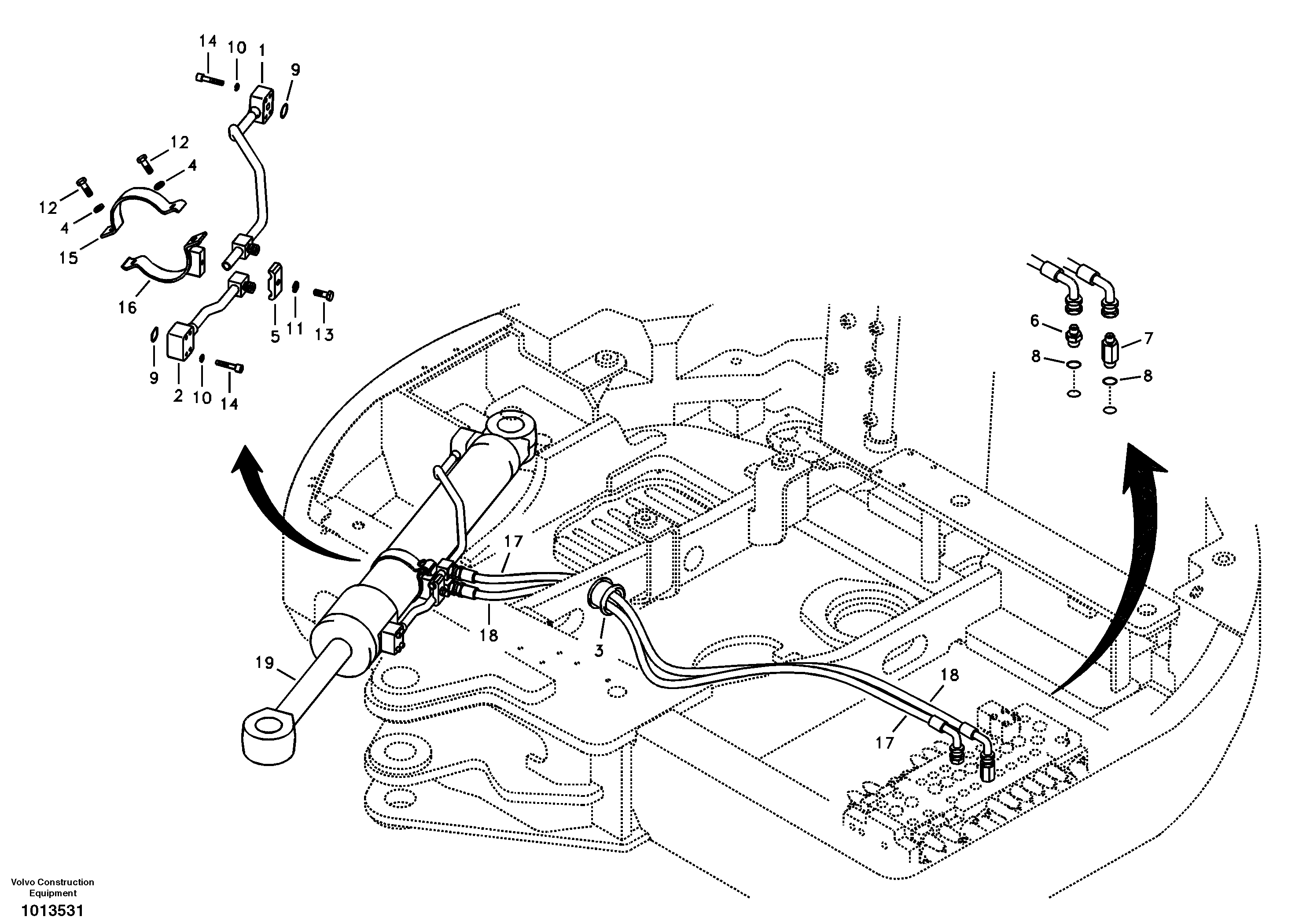 Hydraulic system, control valve to boom and swing — volvo parts diagram
