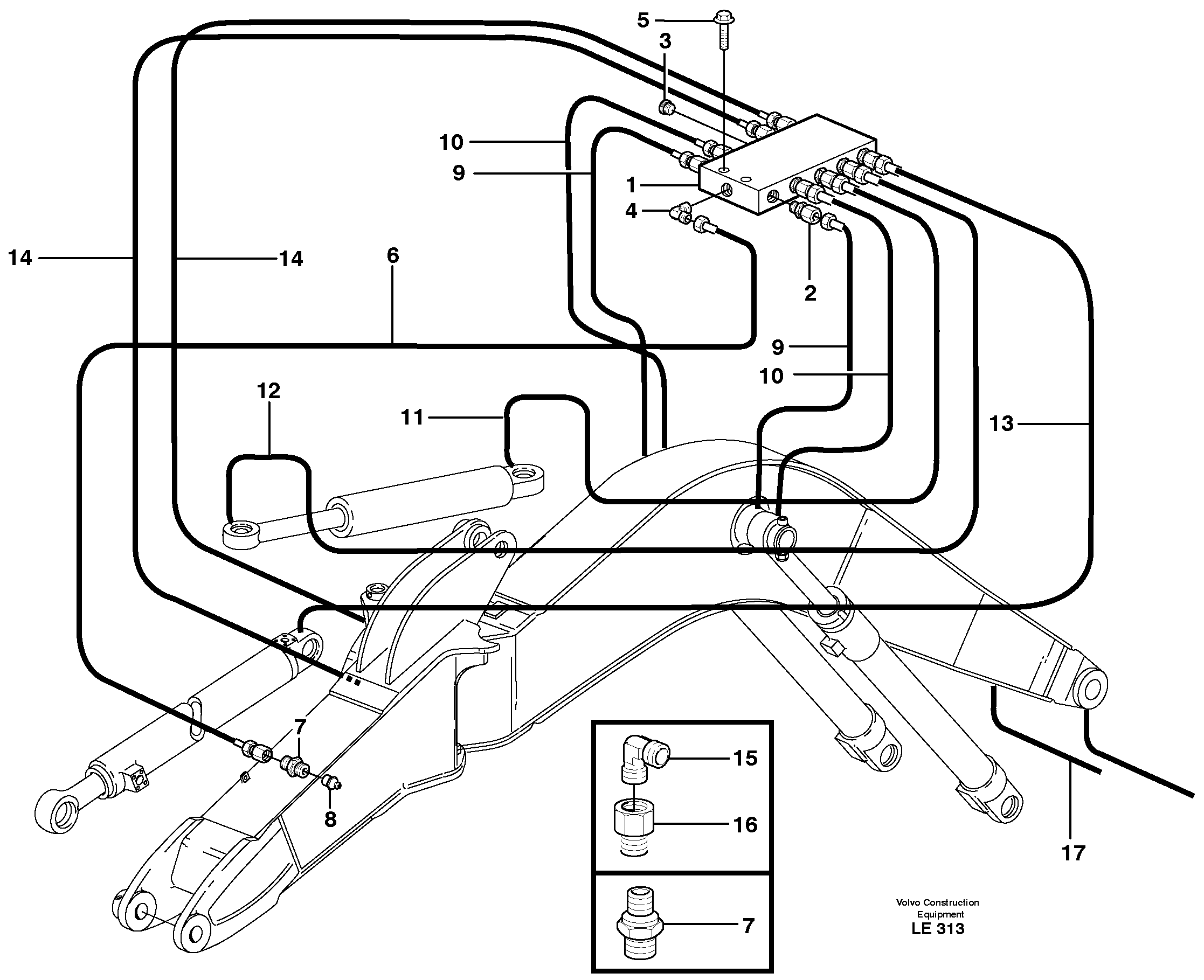 Central lubrication, boom, offset  14302829, 14311189, 4,7M — volvo parts diagram