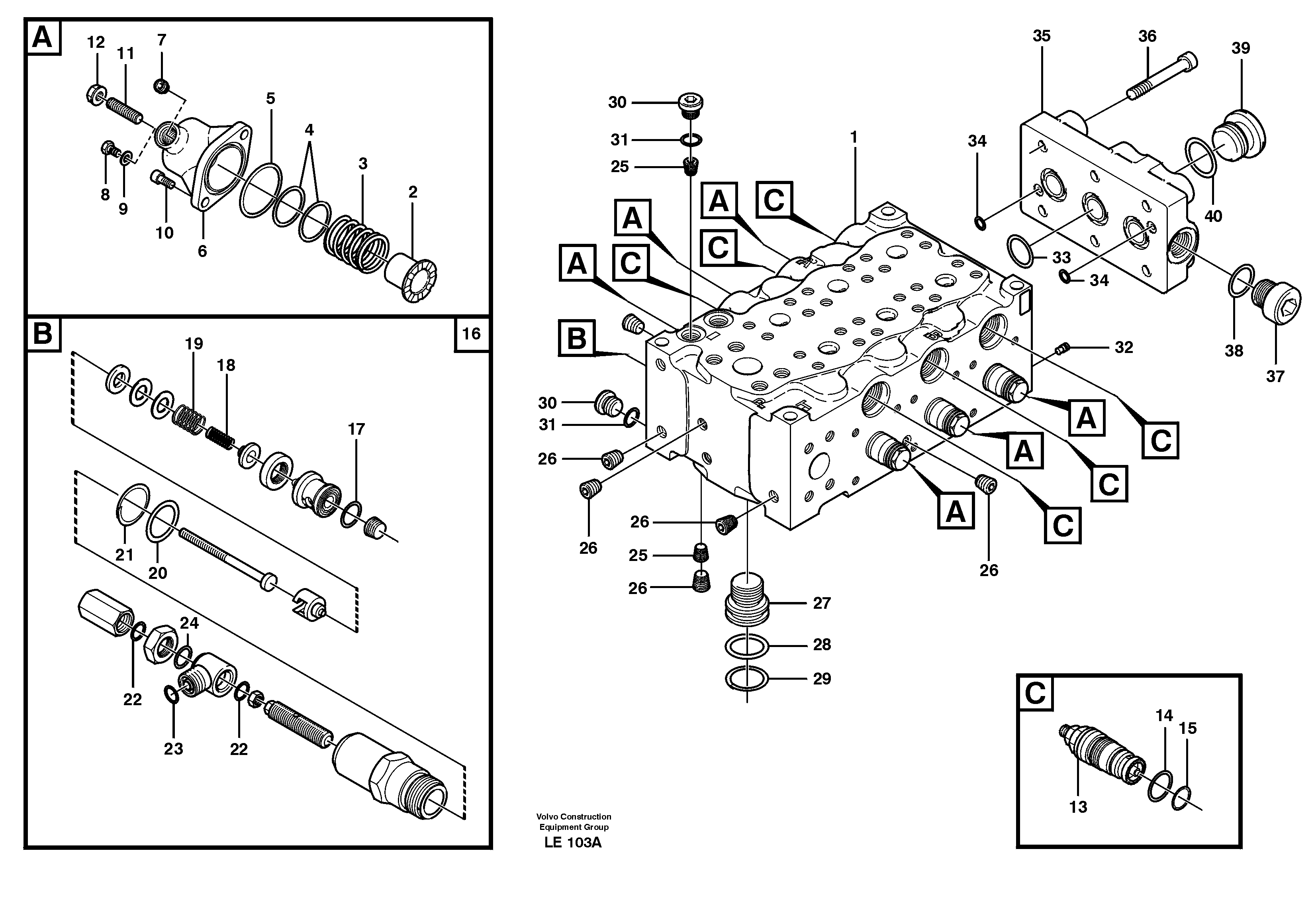 Main valve assembly, A  14301063 = SER NO - 1023, 14301064 = SER NO - 1061 — volvo parts diagram
