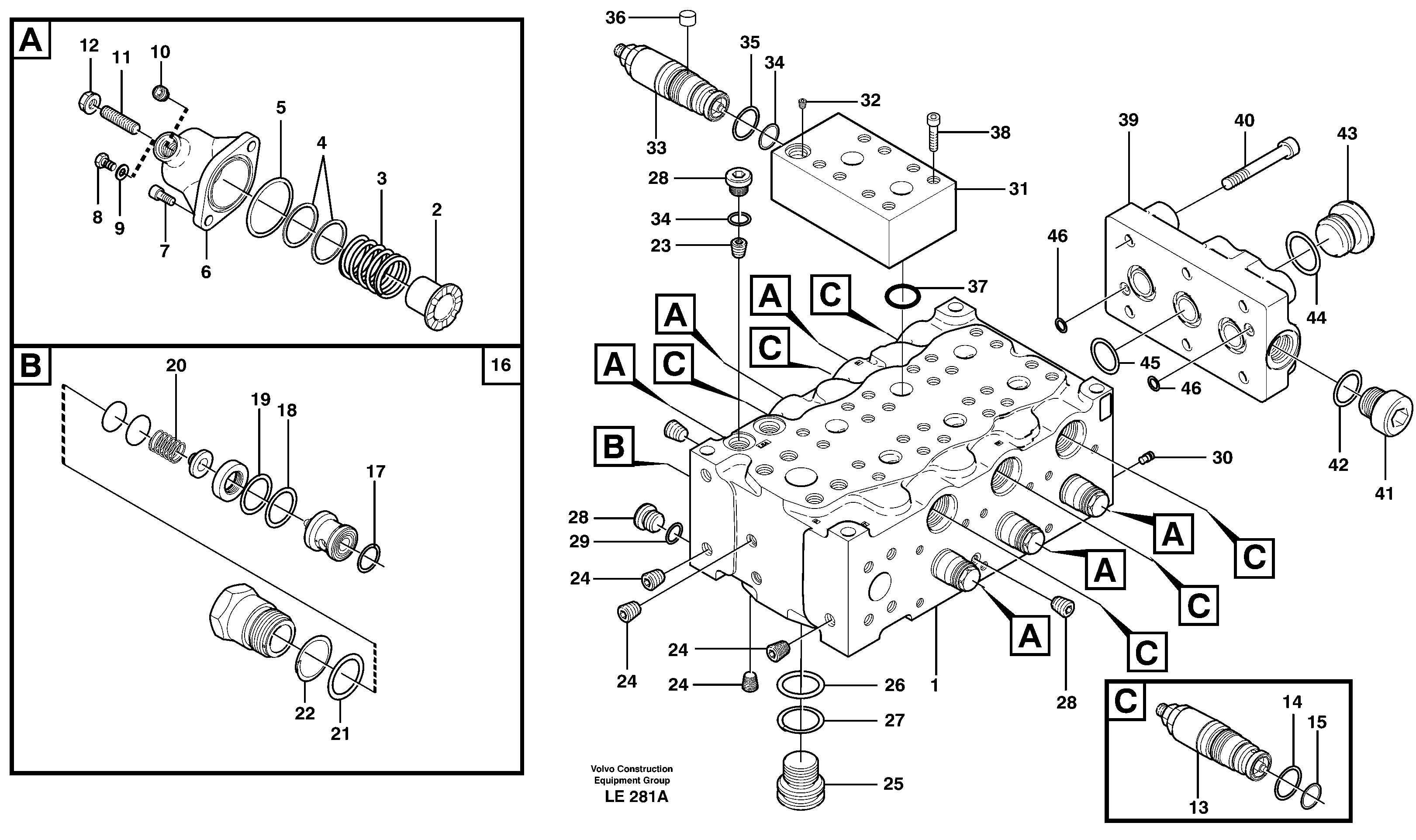 Main valve assembly, A  14301063 = SER NO 1024 -, 14301064 = SER NO 1062 - — volvo parts diagram