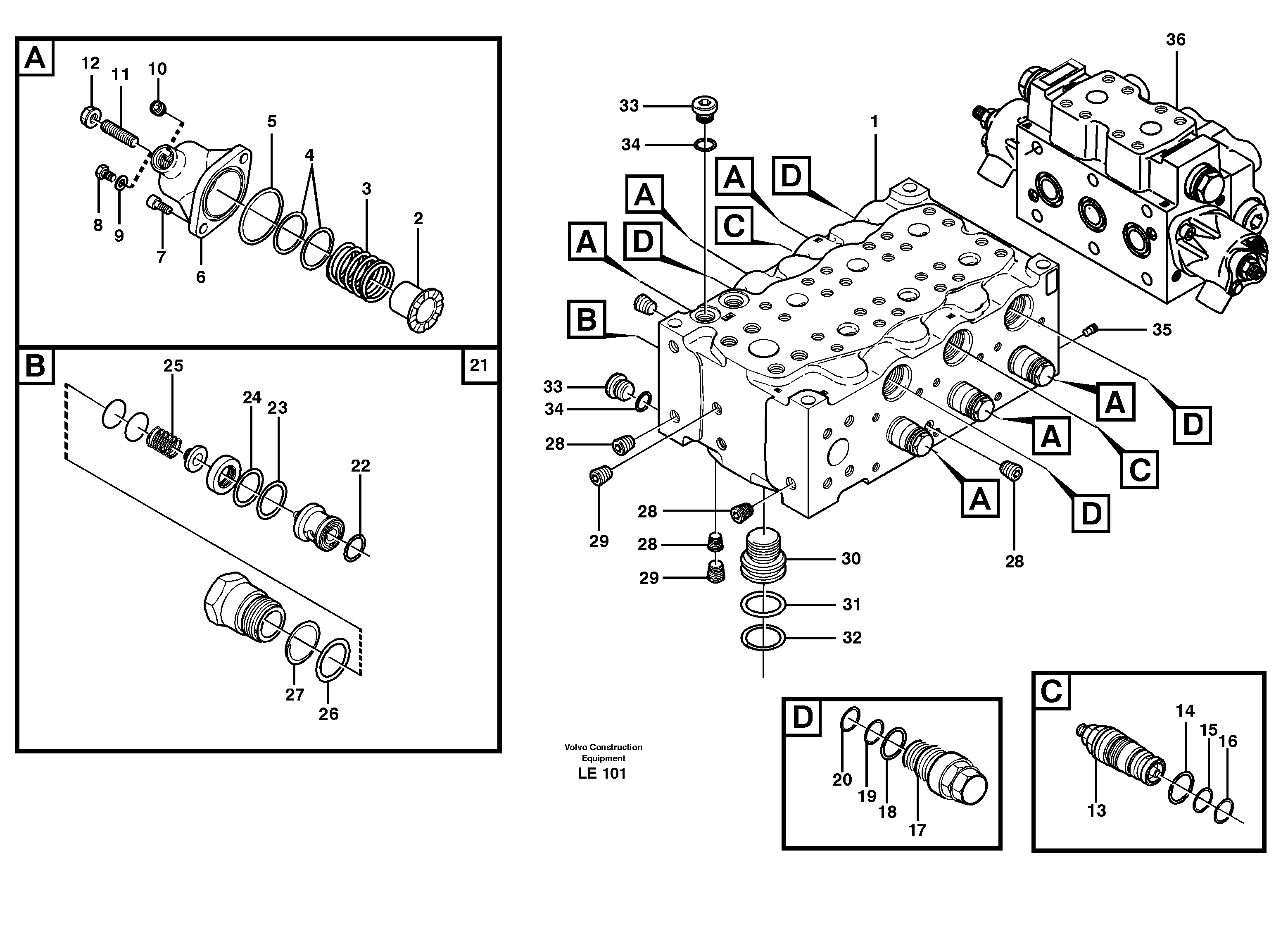 Main valve assembly, B  14301063 = SER NO - 1023, 14301064 = SER NO - 1061 — volvo parts diagram