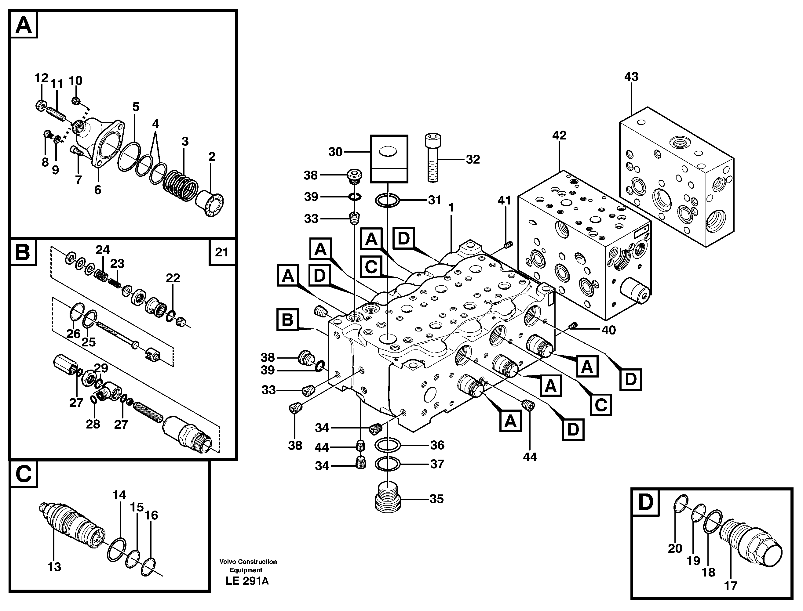 Main valve assembly, B  14301063 = SER NO 1024 -, 14301064 = SER NO 1062 - — volvo parts diagram