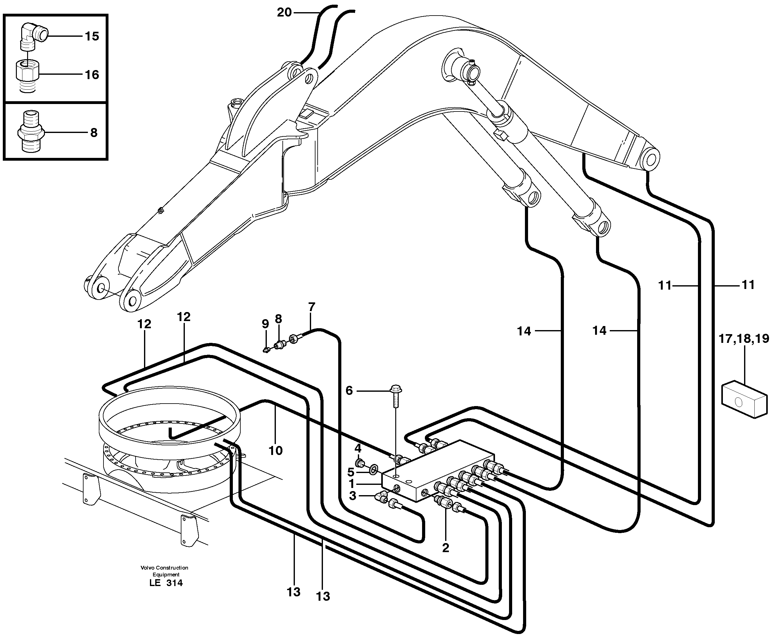 Central lubrication, slewing, offset  14302829, 14311189, 4,7M — volvo parts diagram