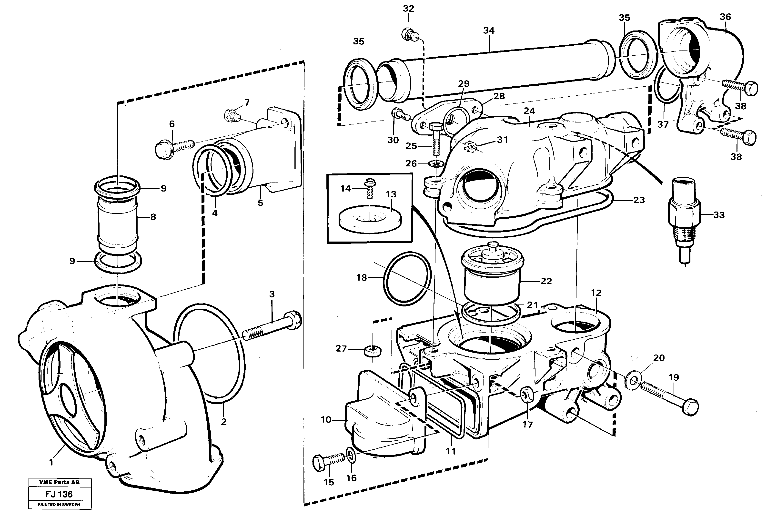 Water pump and thermostat  TD 61 GE — volvo parts diagram