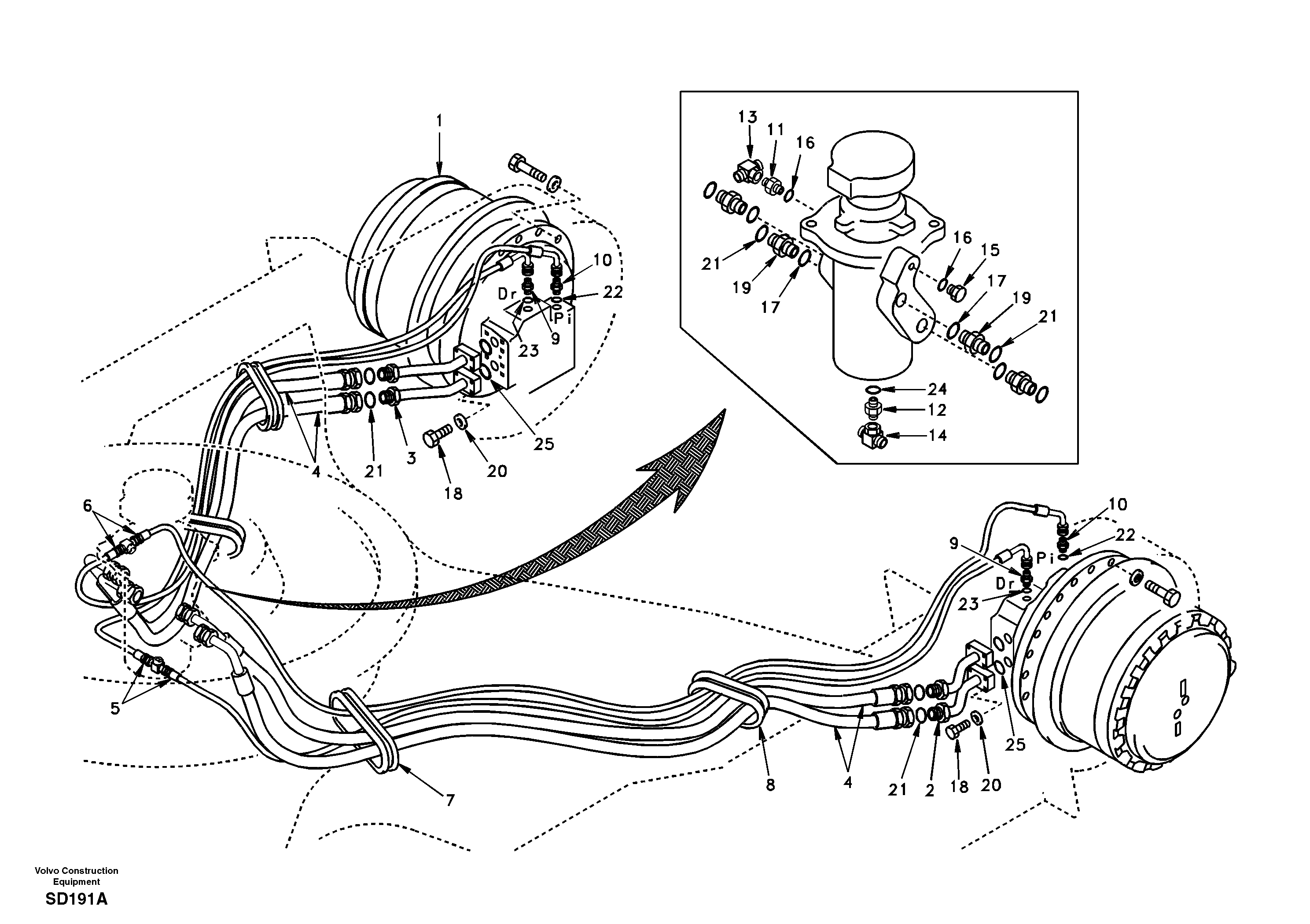 Turning joint line, turning joint to travel motor  DG16F001 STD (EXCL EUROPE) — volvo parts diagram