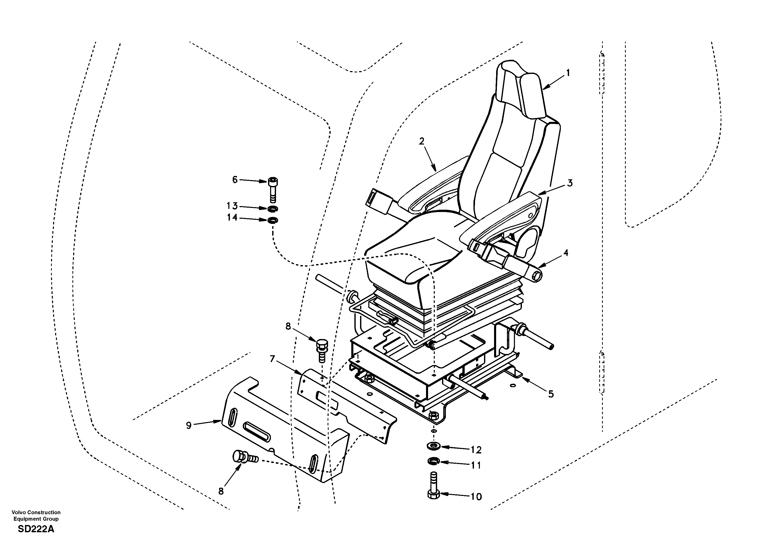 Operator seat with fitting parts DG08B001 STD (EXCL USA), DG08B005 OPT (KOREA ONLY) — volvo parts diagram