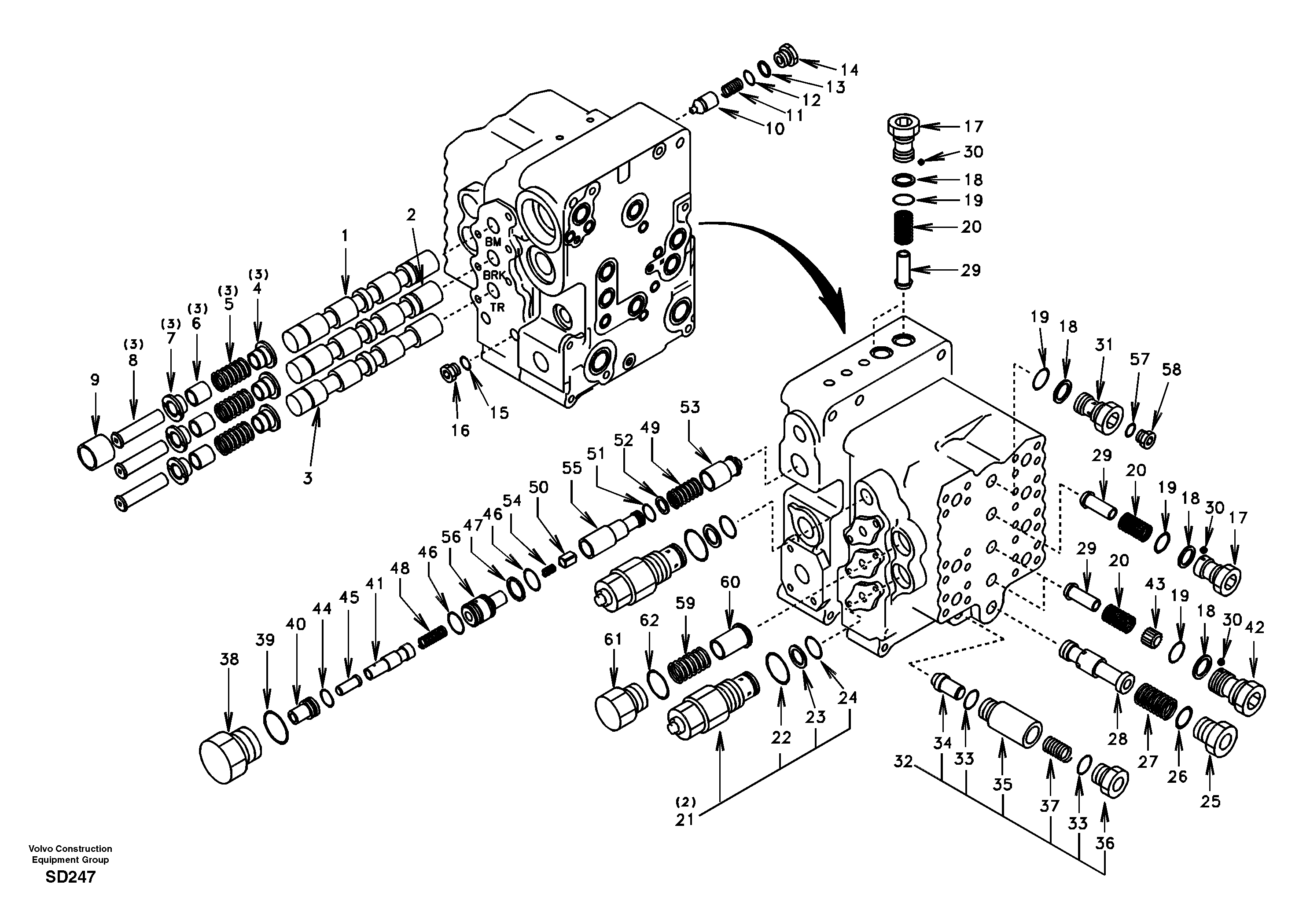 Main control valve, boom and bucket and travel Rh — volvo parts diagram