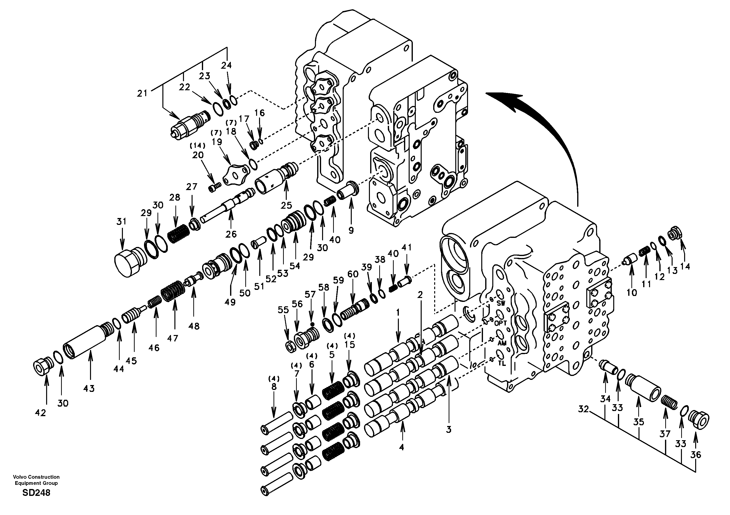 Main control valve, swing and option and dipper arm and travel Lh — volvo parts diagram