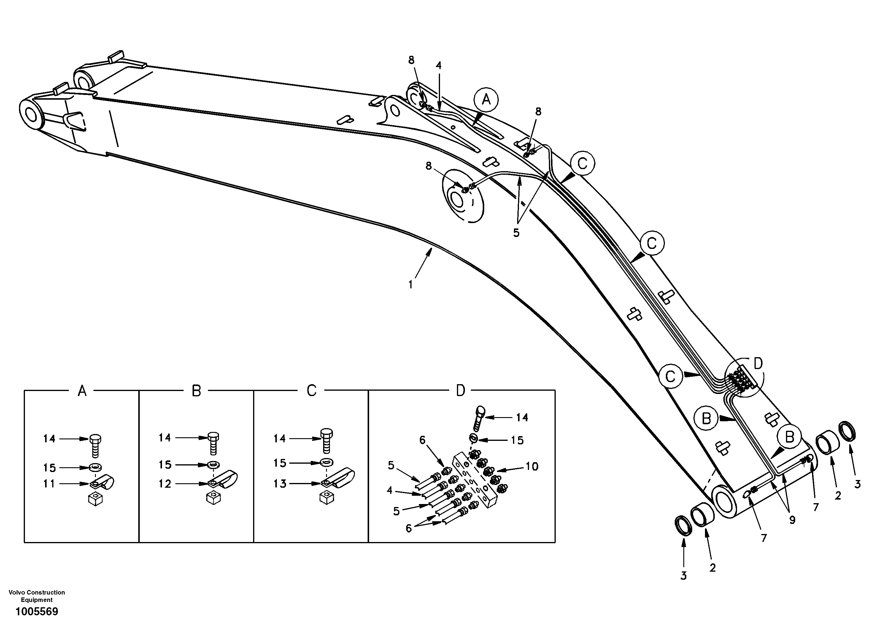 Boom and grease piping, mono  DG17A002 STD (EXCL KOREA),DG17A003 KOREA,STD — volvo parts diagram