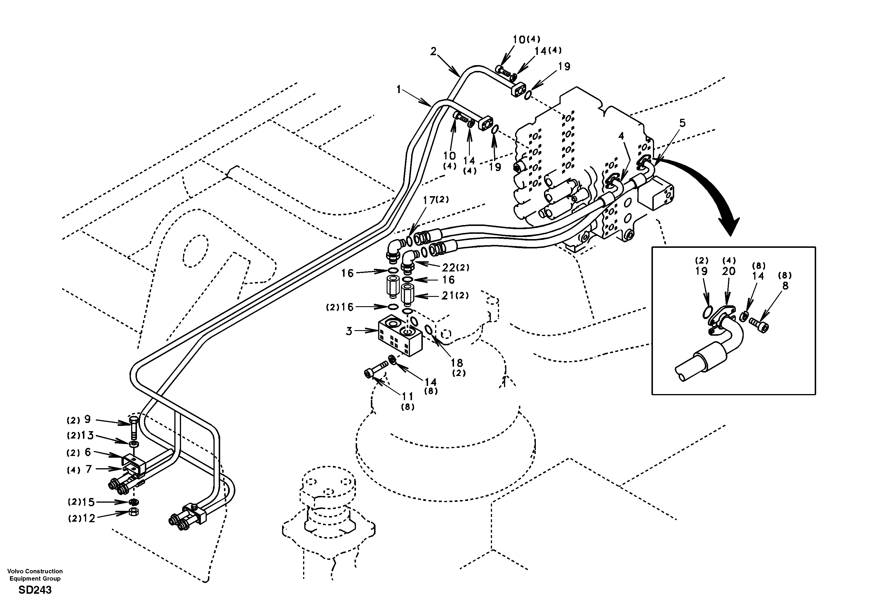 Hydraulic system, control valve to boom and swing — volvo parts diagram