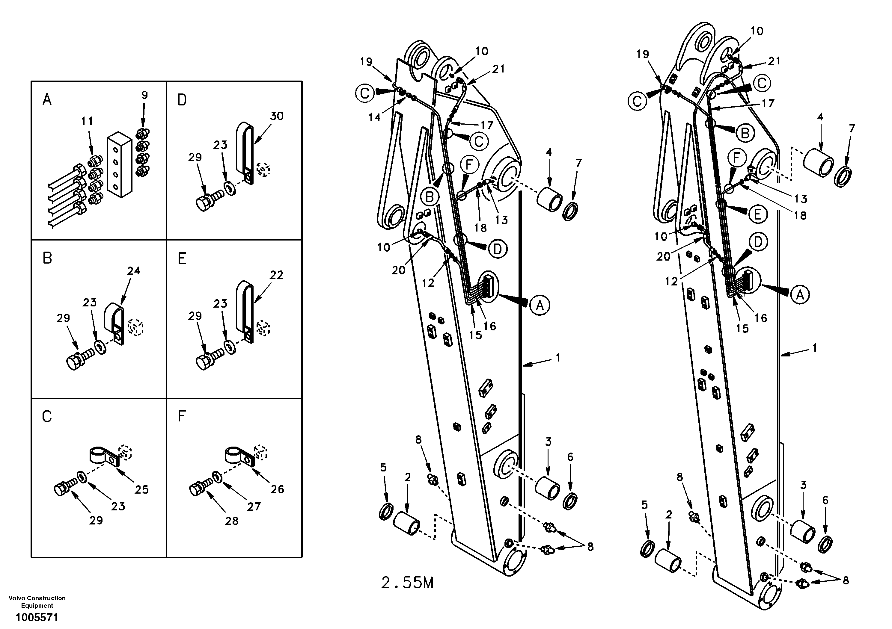Dipper arm and grease piping with piping seat  DG17B003 KOREA,OPT   DG17B004 KOREA,STD — volvo parts diagram