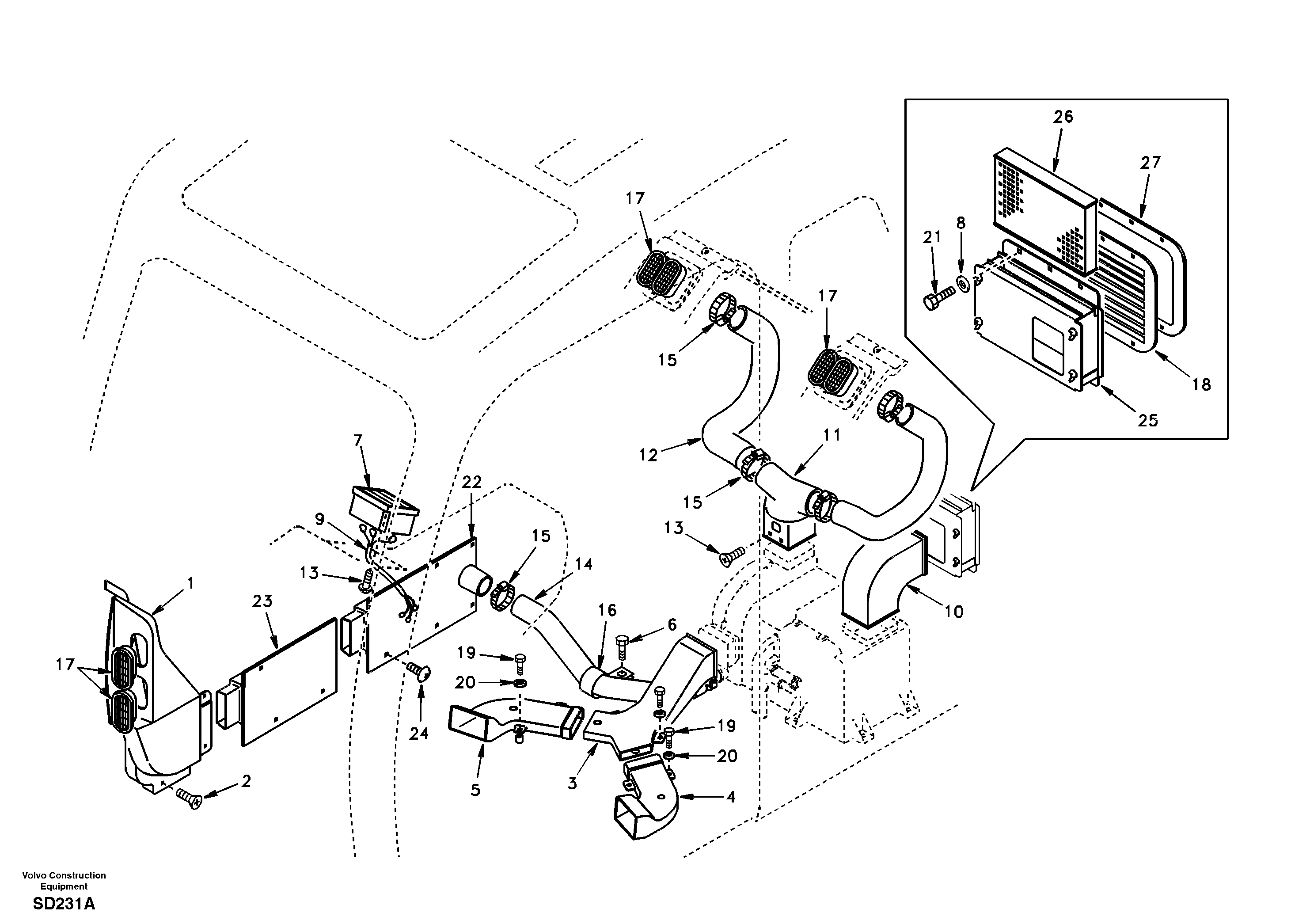 Air duct in cabin and cabin floor  DG08A001 STD (EXCL USA), DG08D002 OPT (AMERICA) — volvo parts diagram