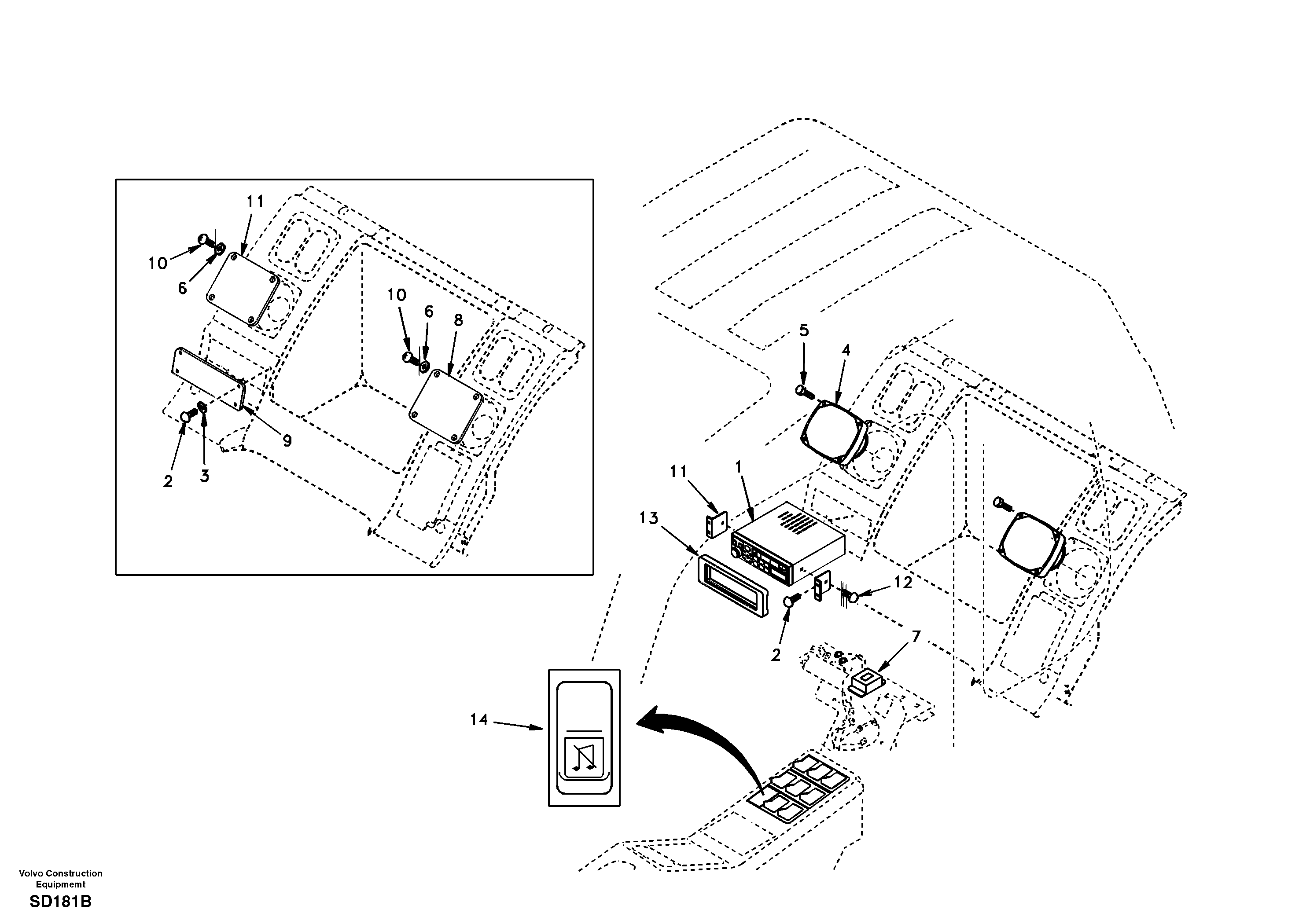 Cassette radio recorder with mounting details DG08F001 AMERICA,OPT — volvo parts diagram