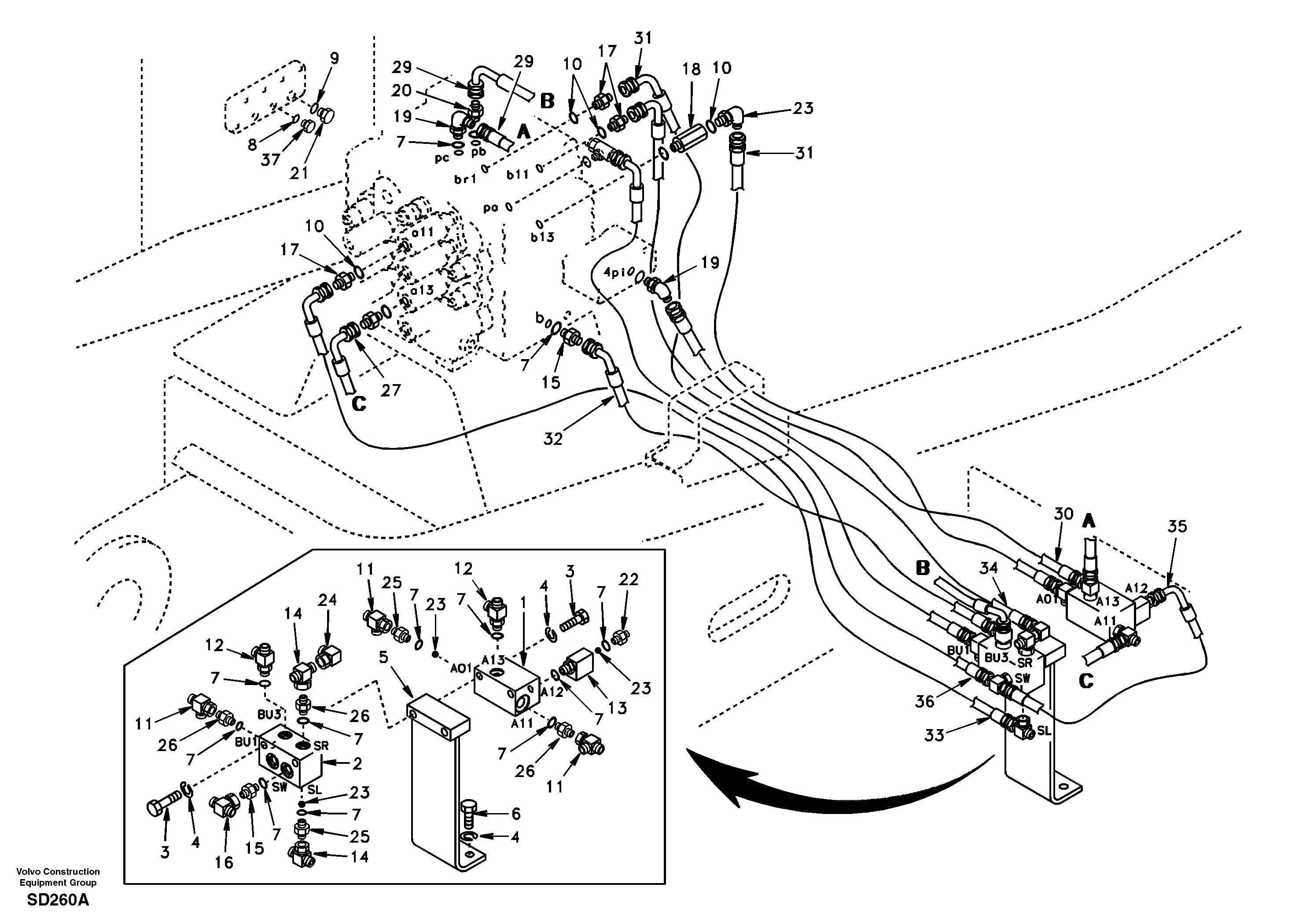 Servo hydraulics, return line tank — volvo parts diagram