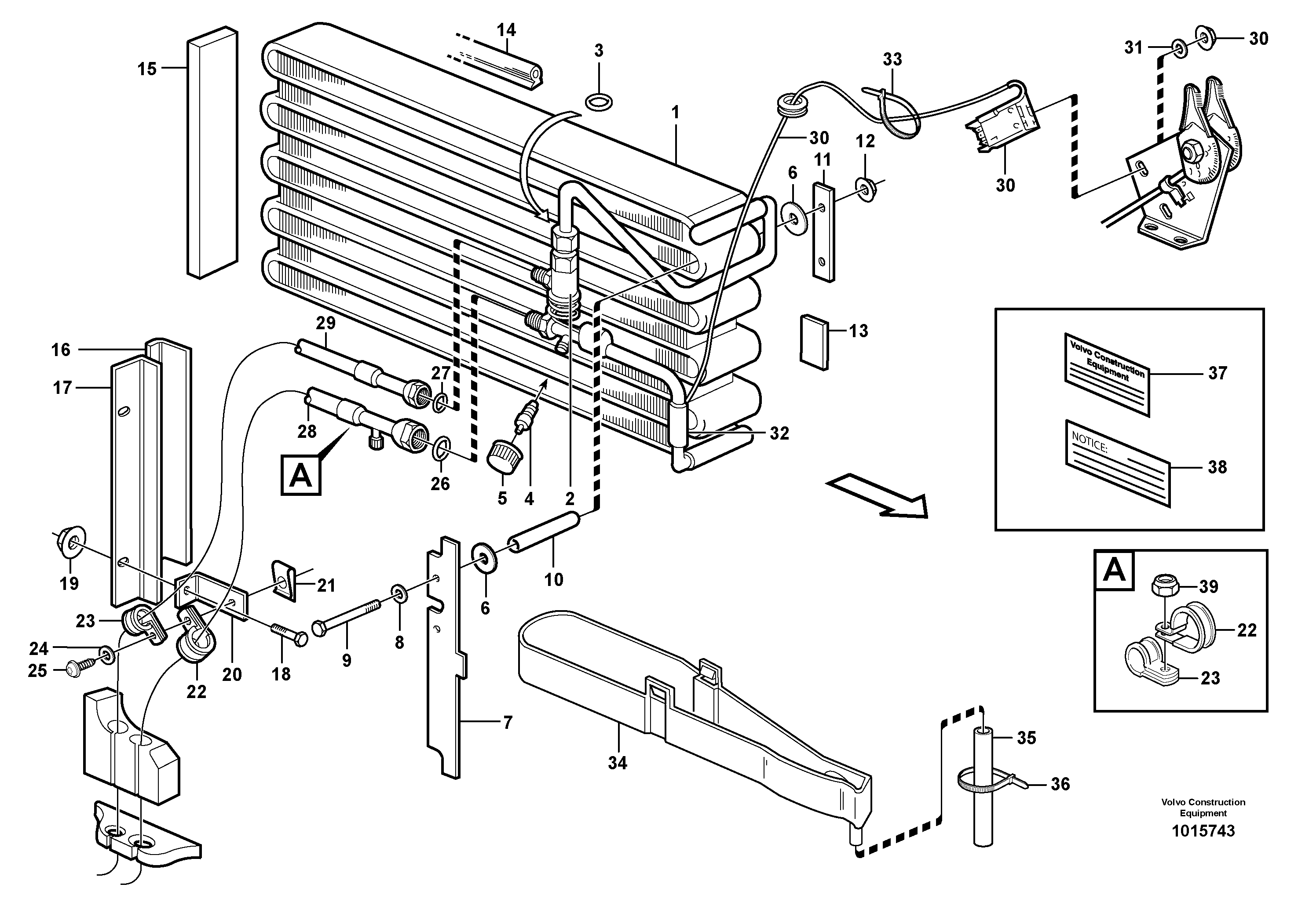 Evaporator for cooling agent R134a with fitting parts.  80281, 80489 — volvo parts diagram