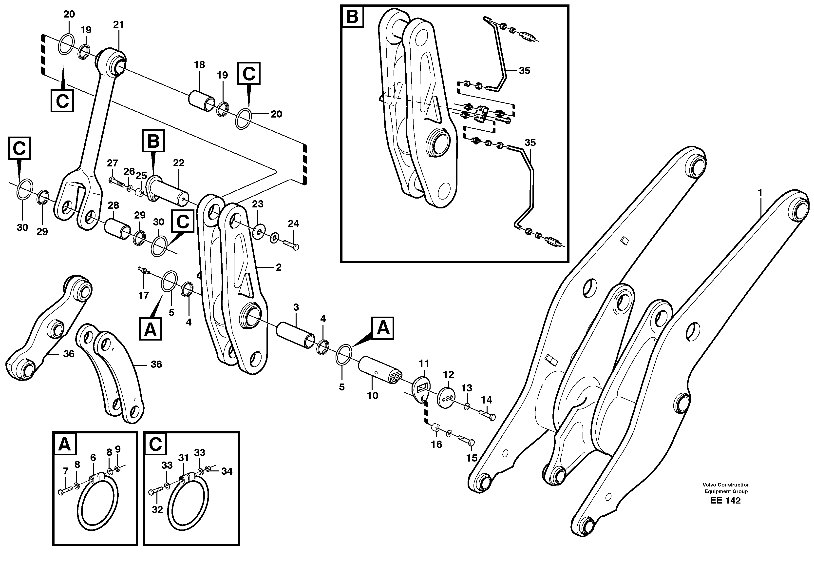 Rear links with assembly parts  33352, 33354 — volvo parts diagram