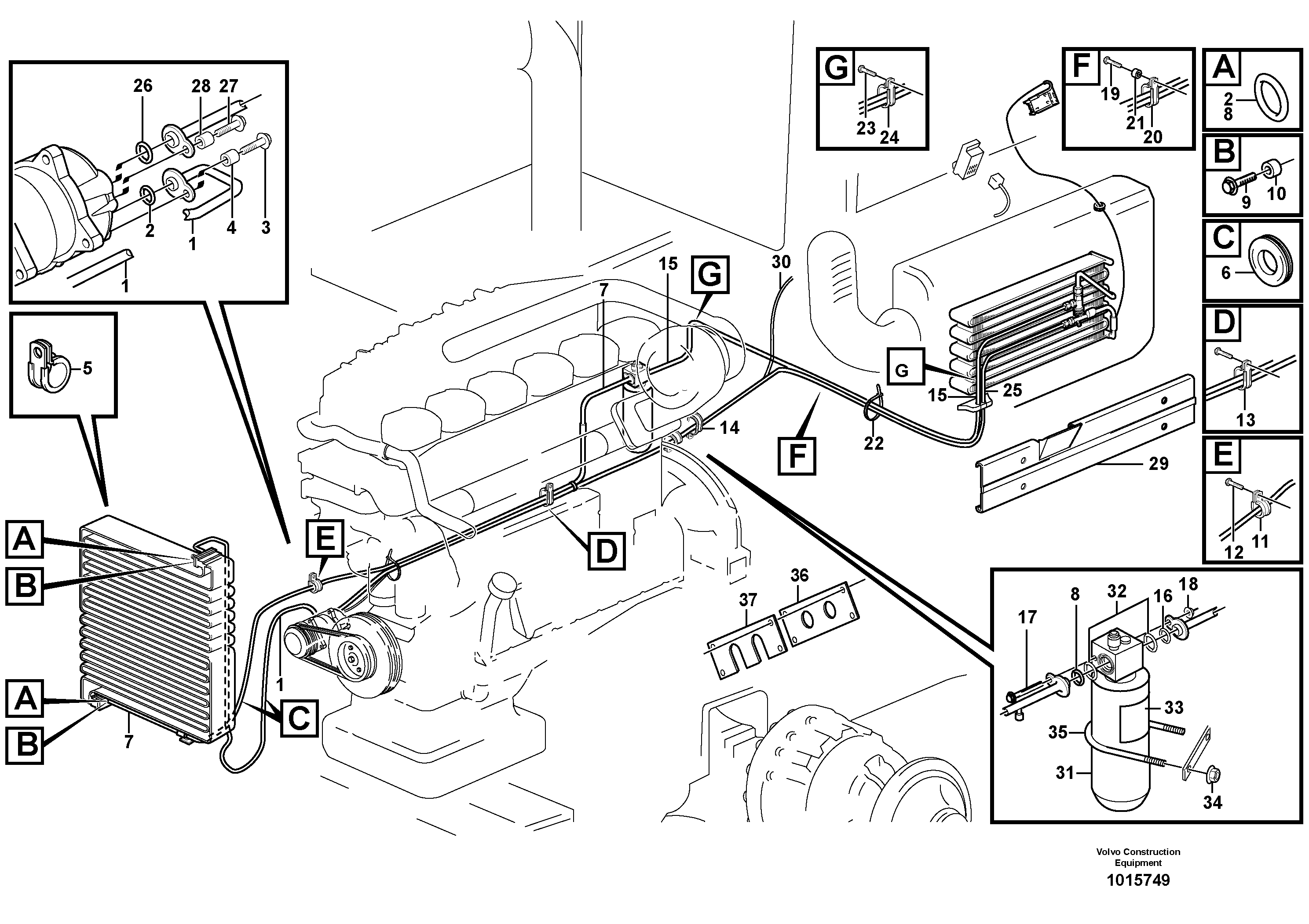 Assembly of hose: evaparator, receiver drier and condenser. — volvo parts diagram