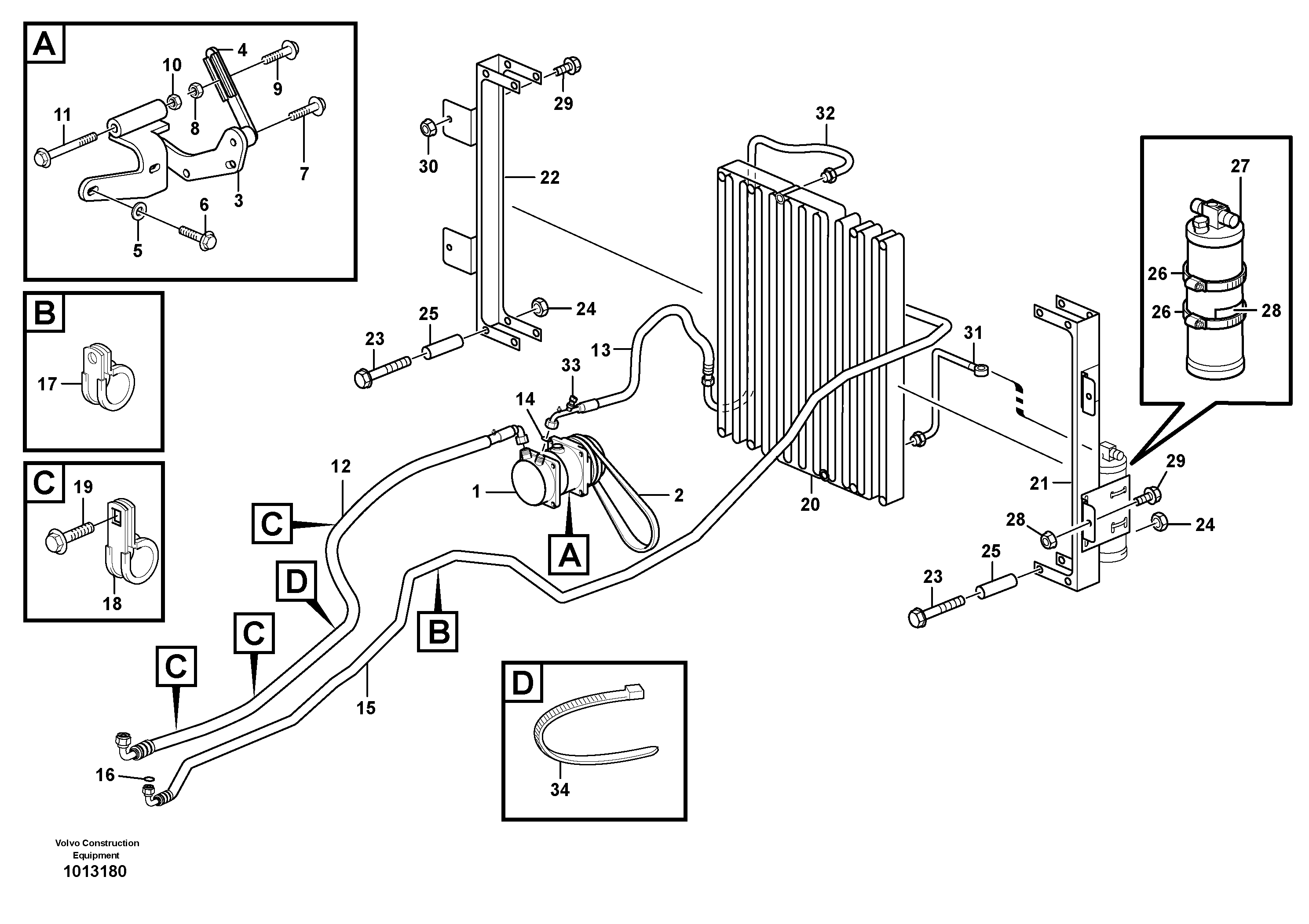 Assembly hoses: Evaparator, receiver drier, condenser.  11298233 — volvo parts diagram