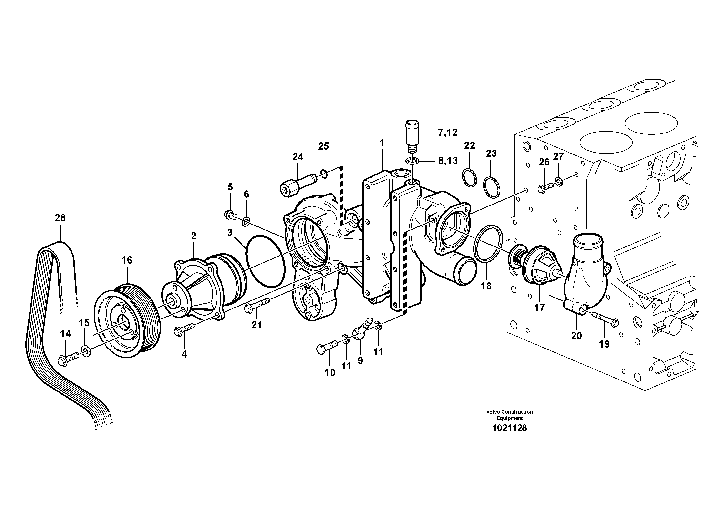 Water pump and thermostat housing  11886395, 11887321 — volvo parts diagram