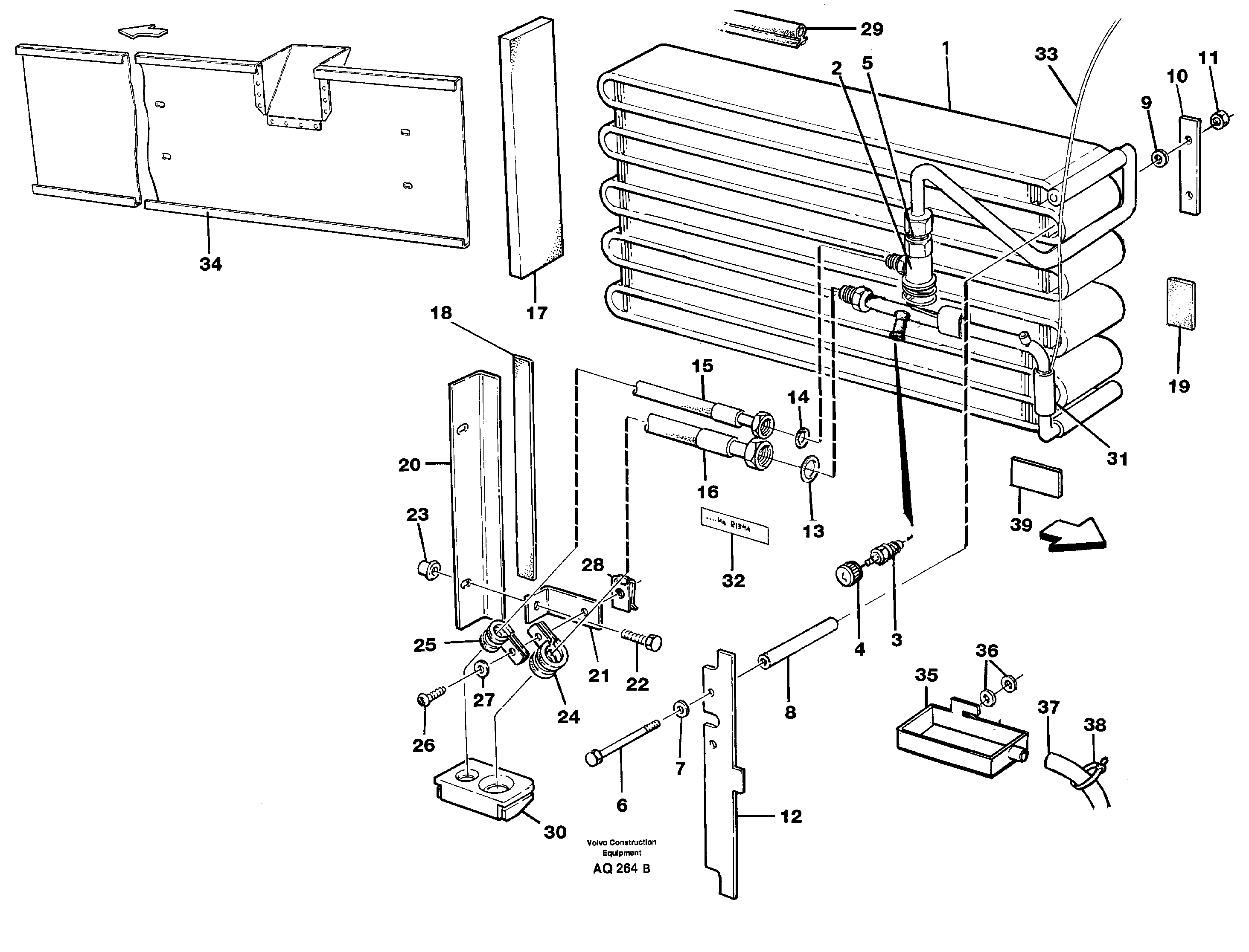 Evaporator for cooling agent R134a with fitting parts.  94562 94839 — volvo parts diagram