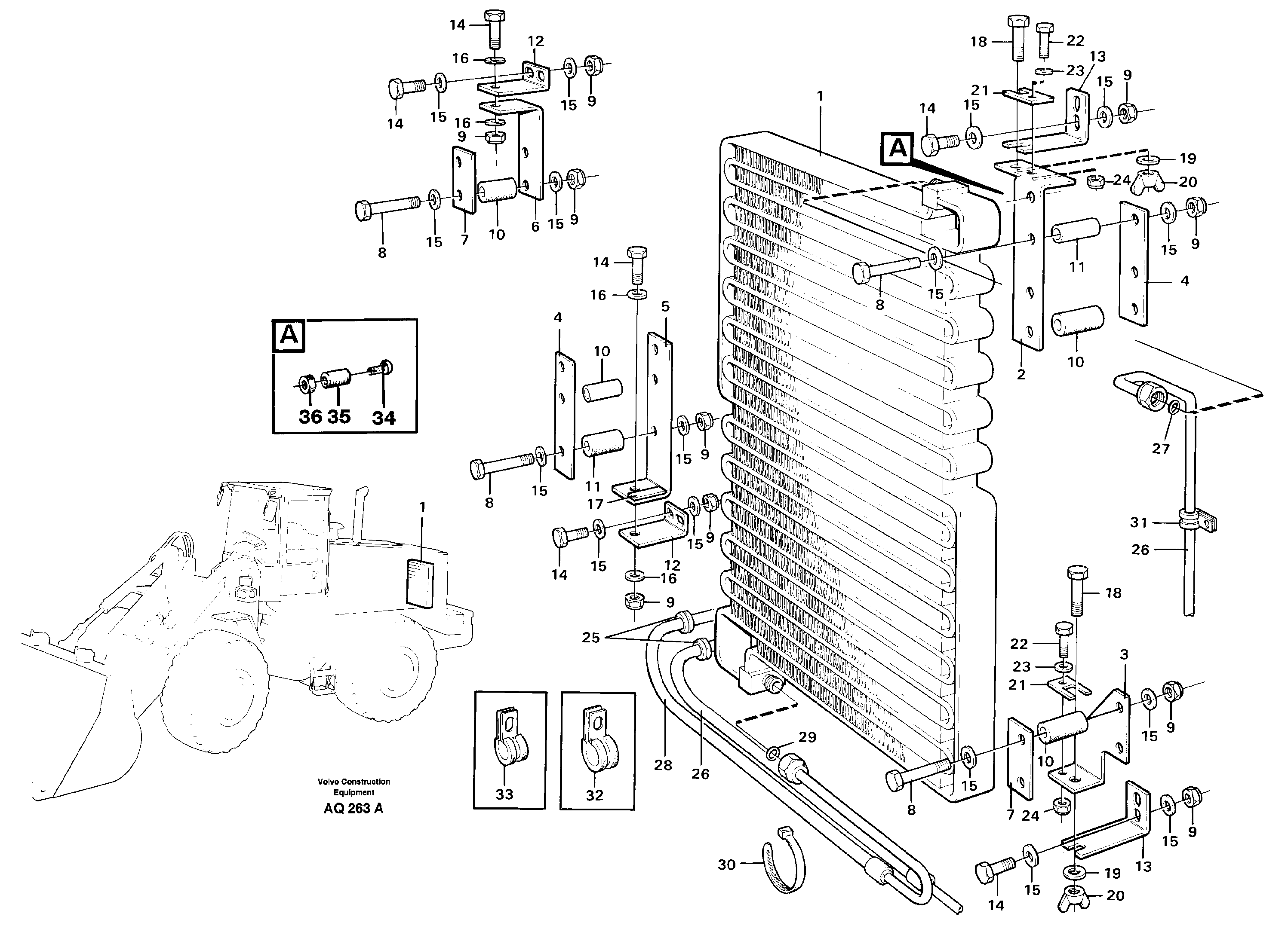 Condenser for cooling agent R134a with fitting parts.  94562, 94839 — volvo parts diagram