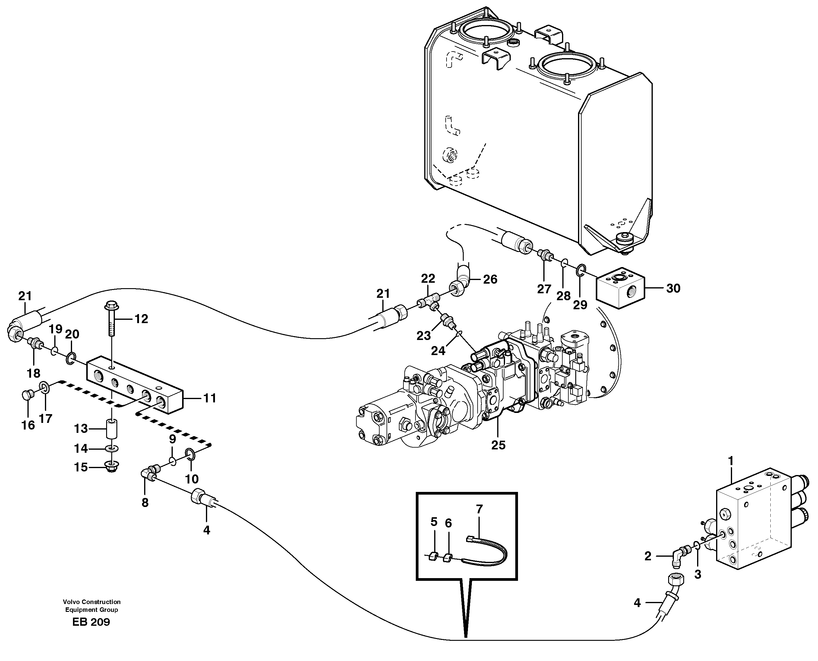 Draining line, central block. Leak-off line, pump — volvo parts diagram
