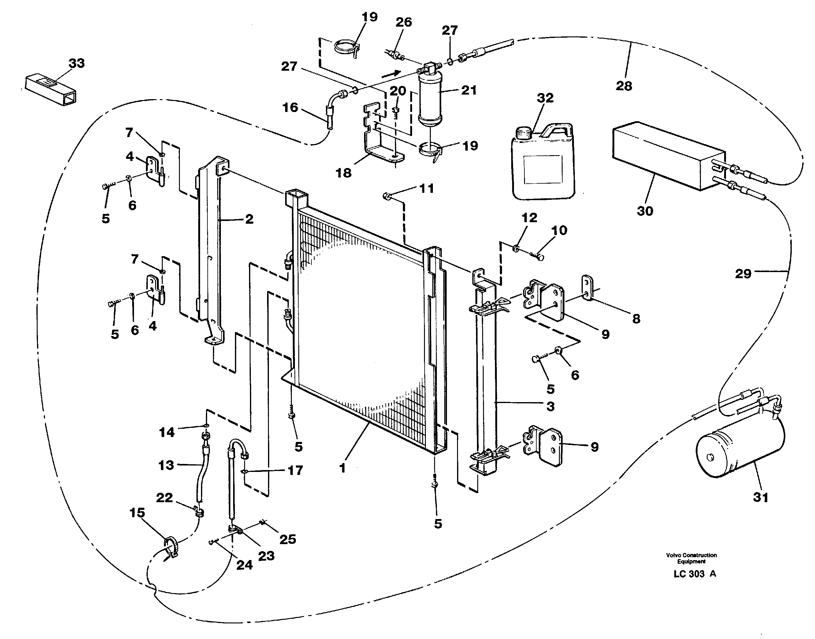 Condensor with fitting parts, cooling agent R134a  14263579. 14263584. 14263585 — volvo parts diagram