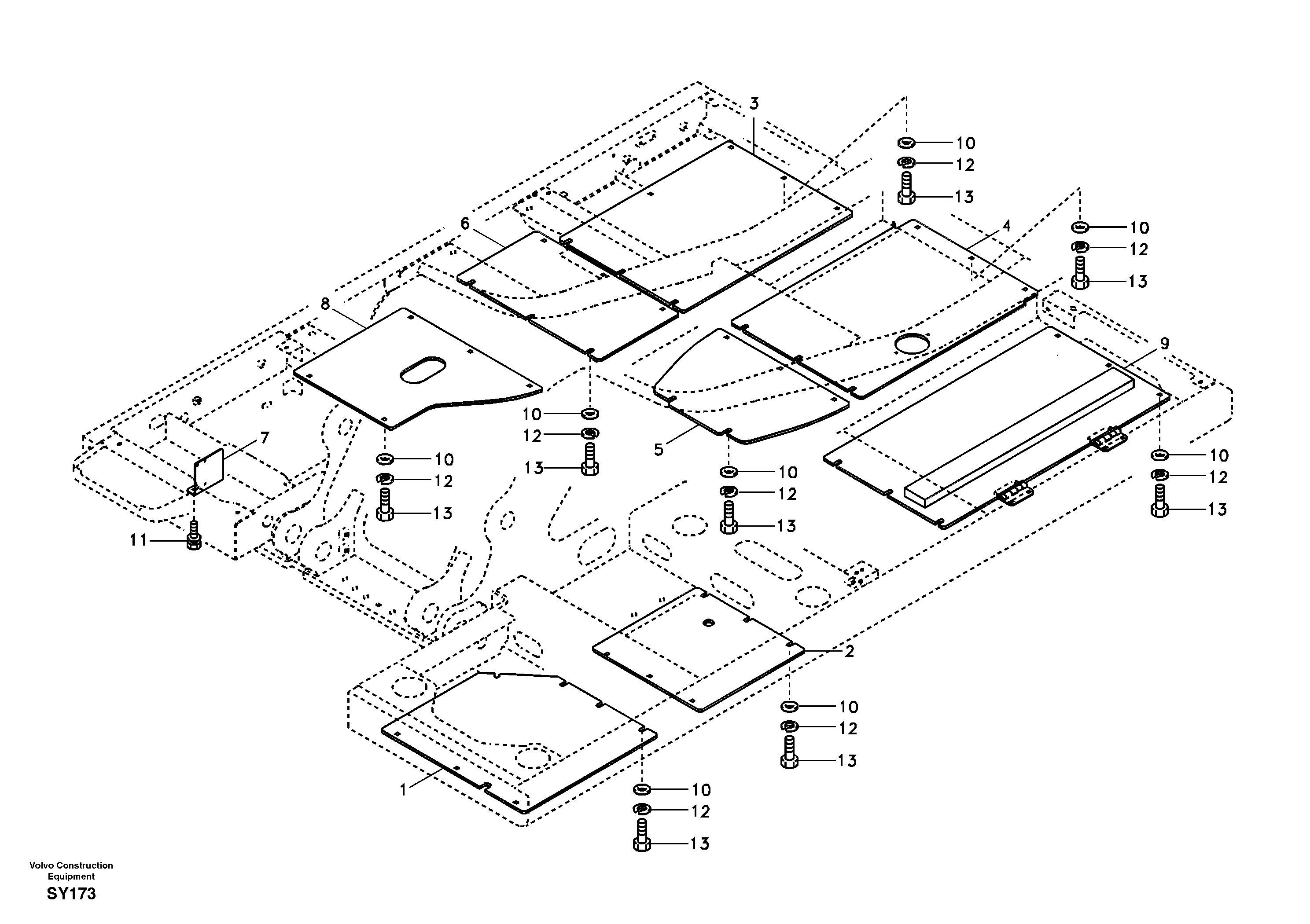 Hatches under engine, hydr.pumps, cooler, m.valve and fuel tank. — volvo parts diagram