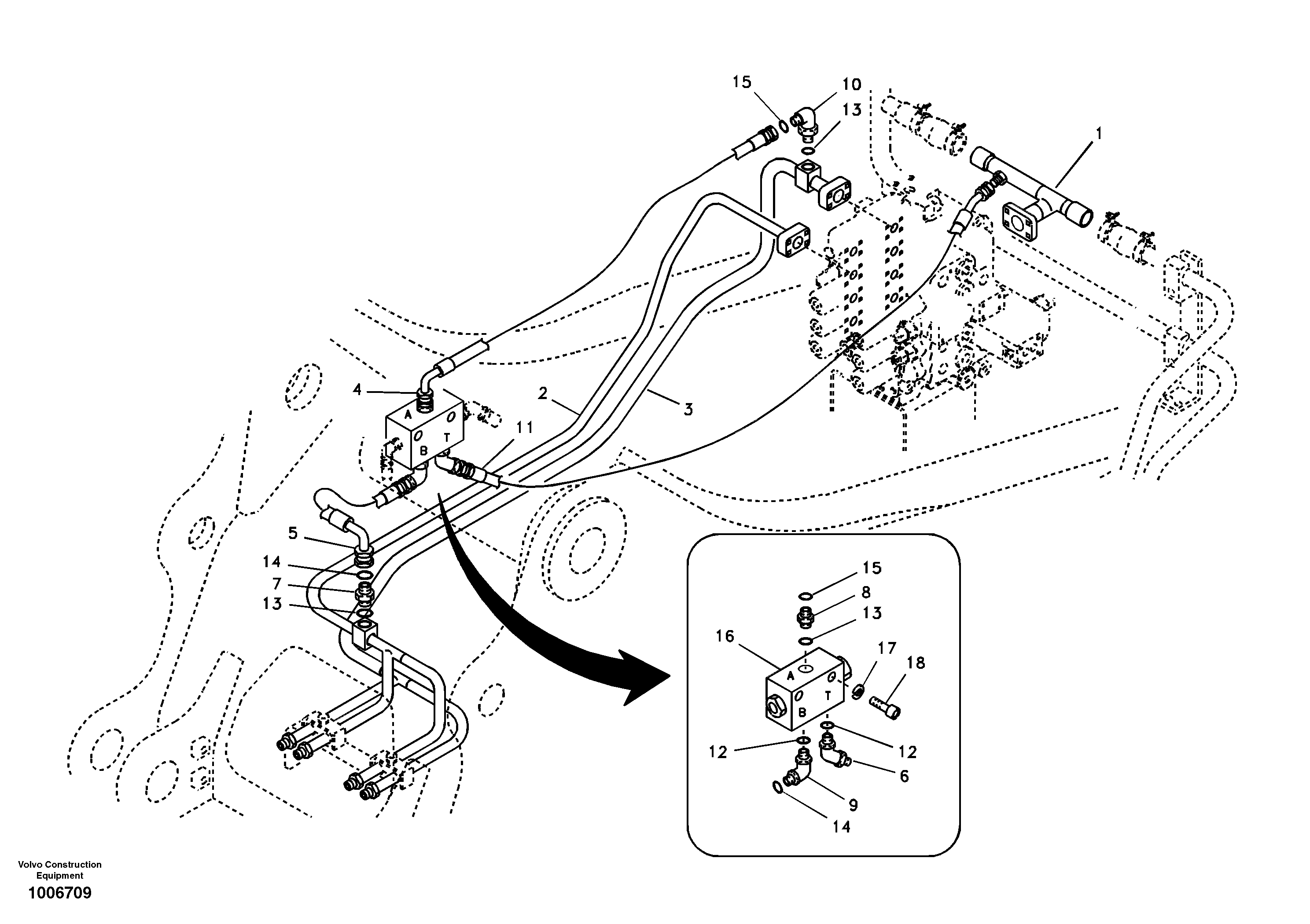 Hydraulic system, control valve to boom and swing — volvo parts diagram