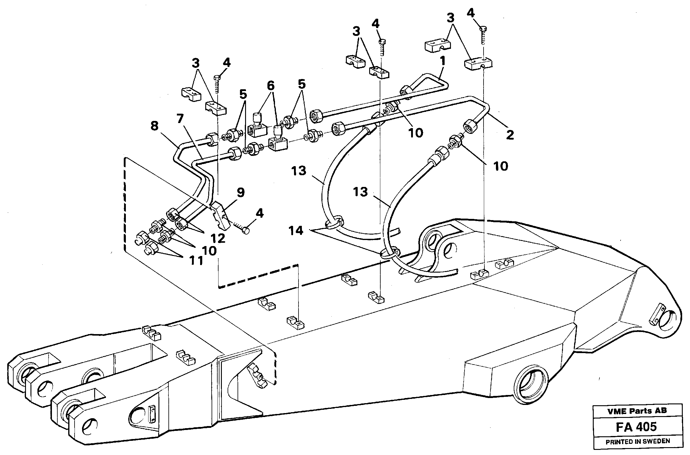 Slope bucket equipment ondipper 2.25 m, 2.80 m, 3.30 m. On left side.  14255228, 14255231, 14255234 — volvo parts diagram