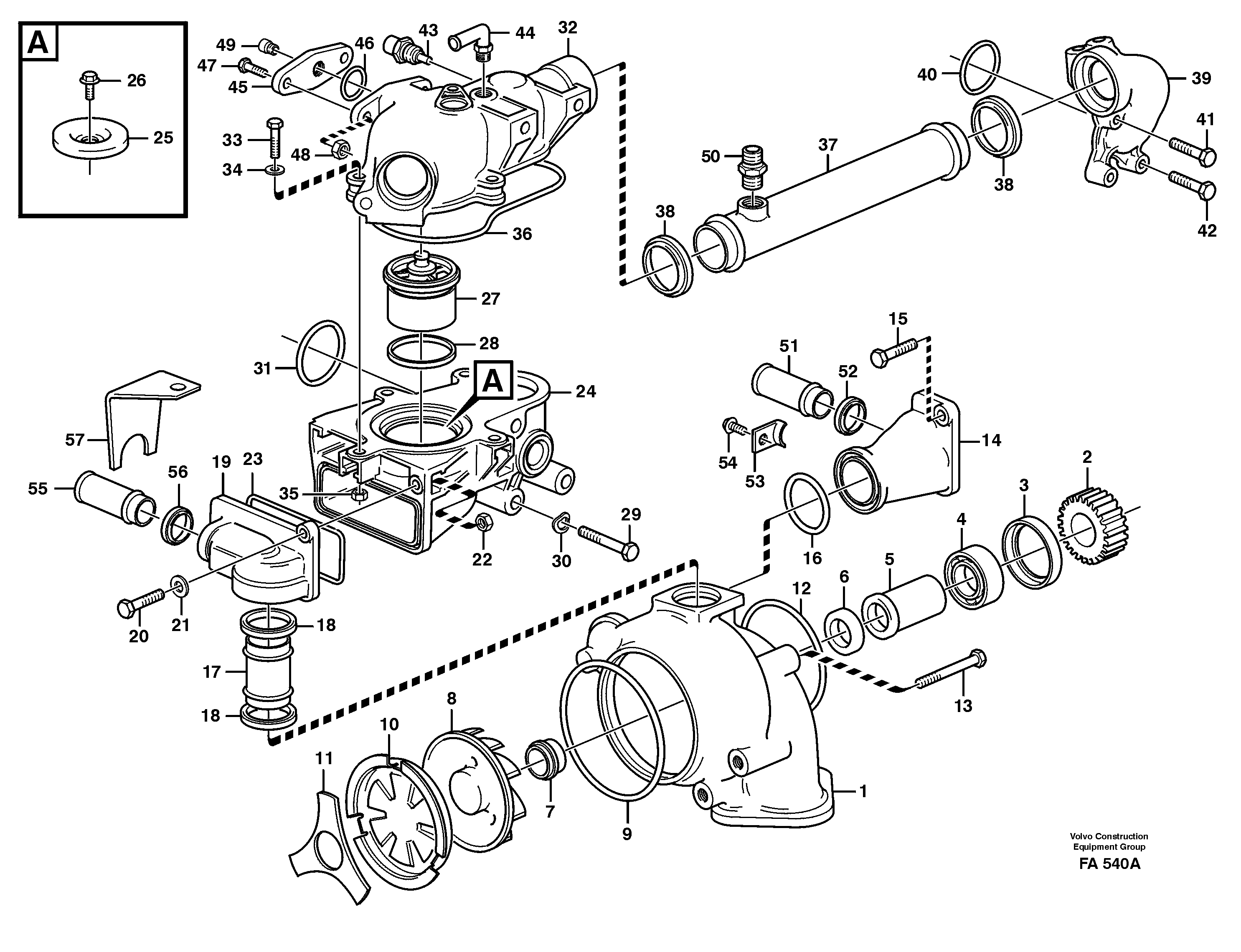 Water pump and thermostat  TD 63 KIE — volvo parts diagram