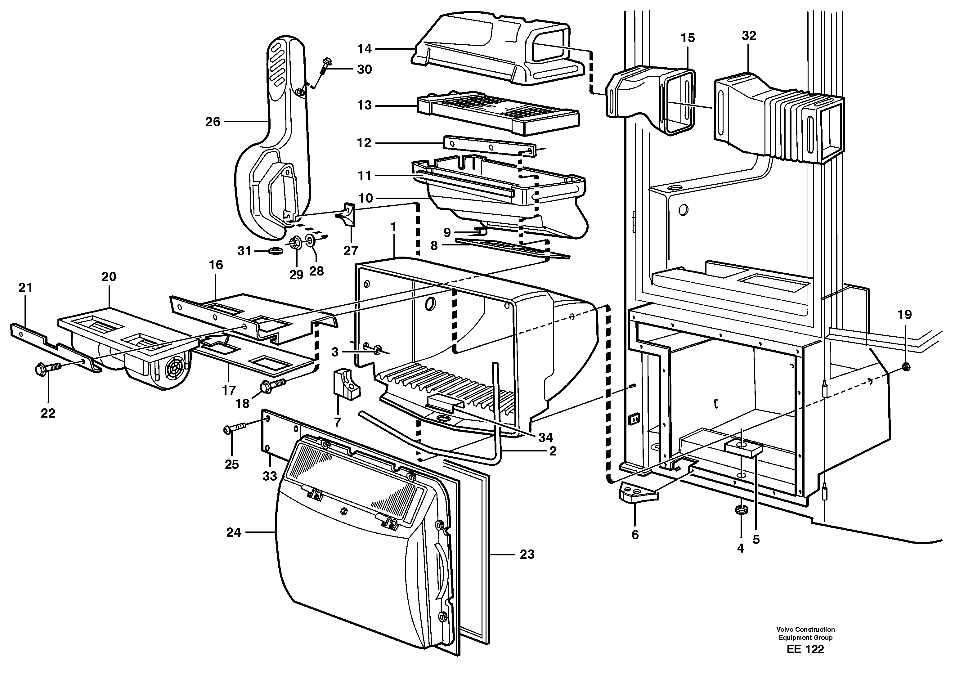 Fresh air inlet, air filter and fan housing. — volvo parts diagram