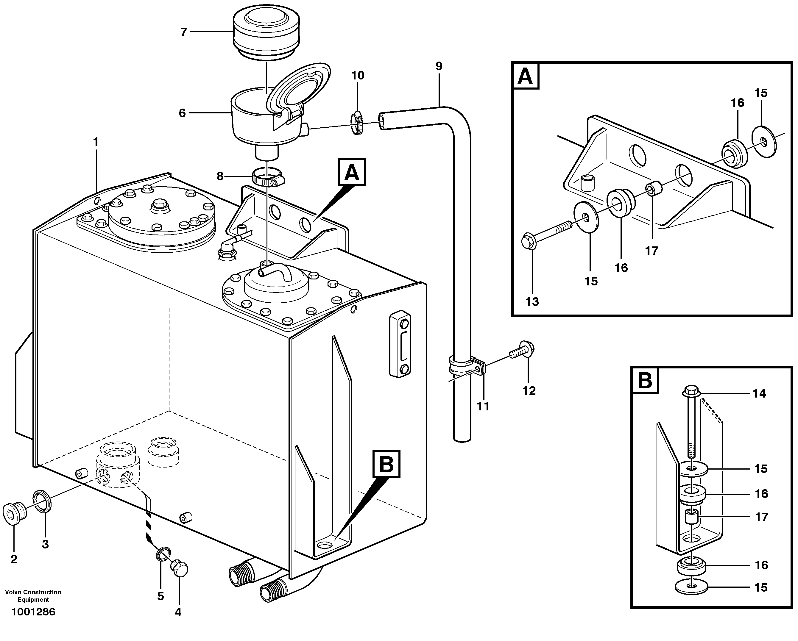 Hydraulic oil tank, with fitting parts — volvo parts diagram