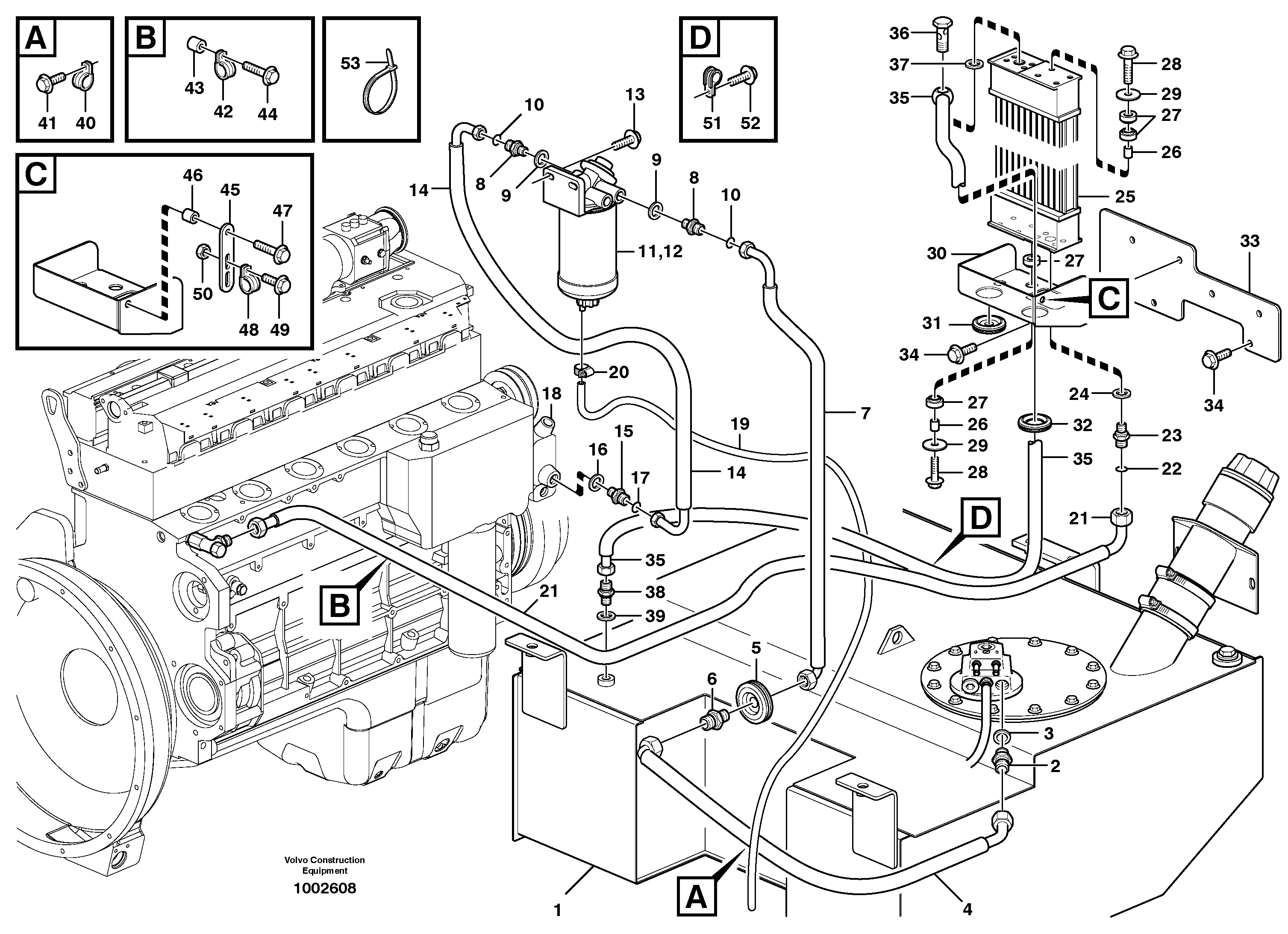Fuel lines, fuel tank - cylinder block  SER NO - 16782,SER NO - 64201 USA,SER NO - 70702 PED — volvo parts diagram
