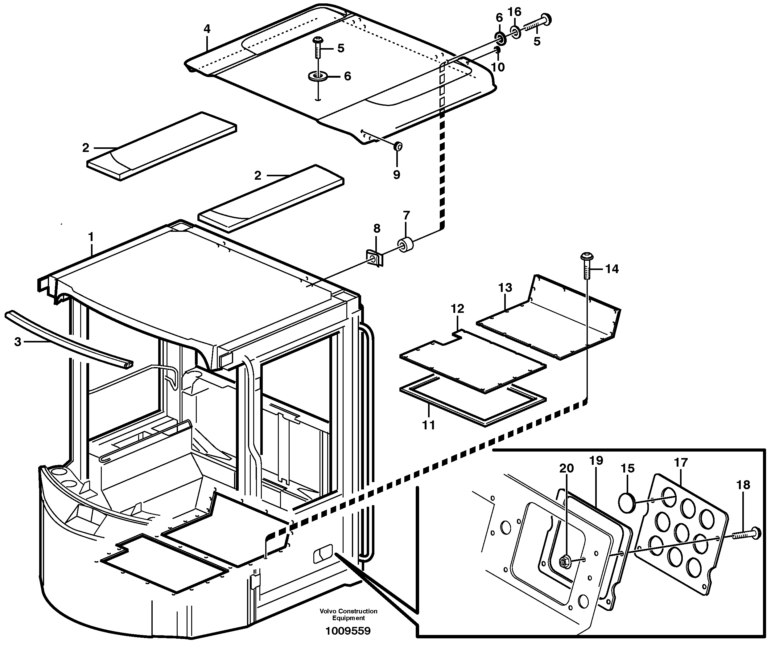 Cab body: roof and floor panel. — volvo parts diagram