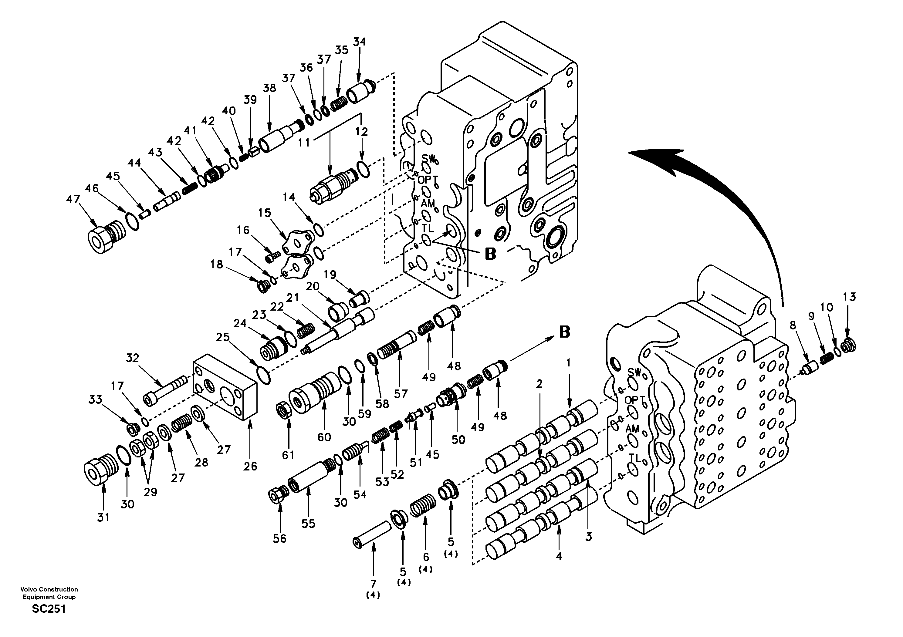 Main control valve, swing and option and dipper arm and travel Lh — volvo parts diagram