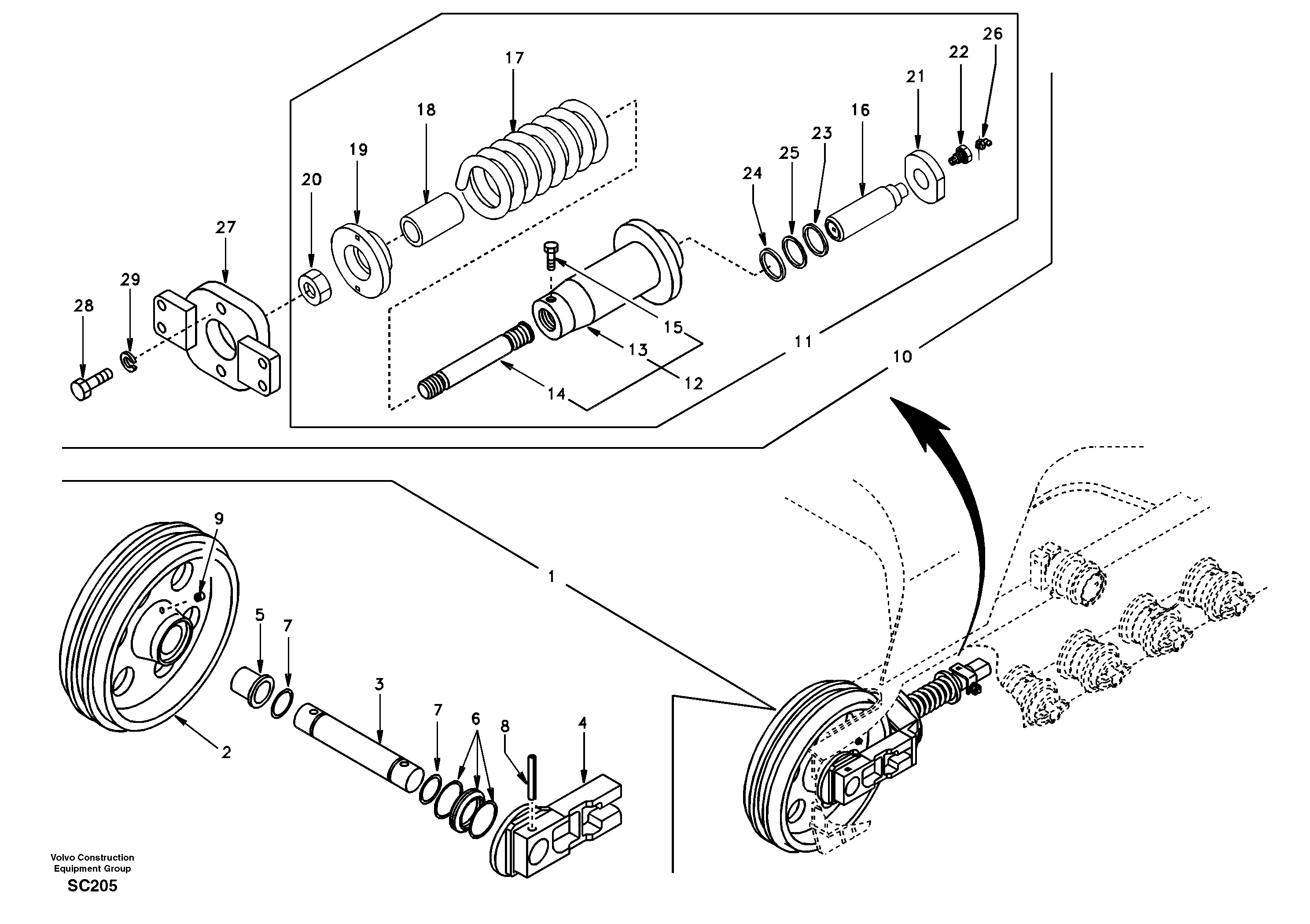 Front idler, spring package — volvo parts diagram