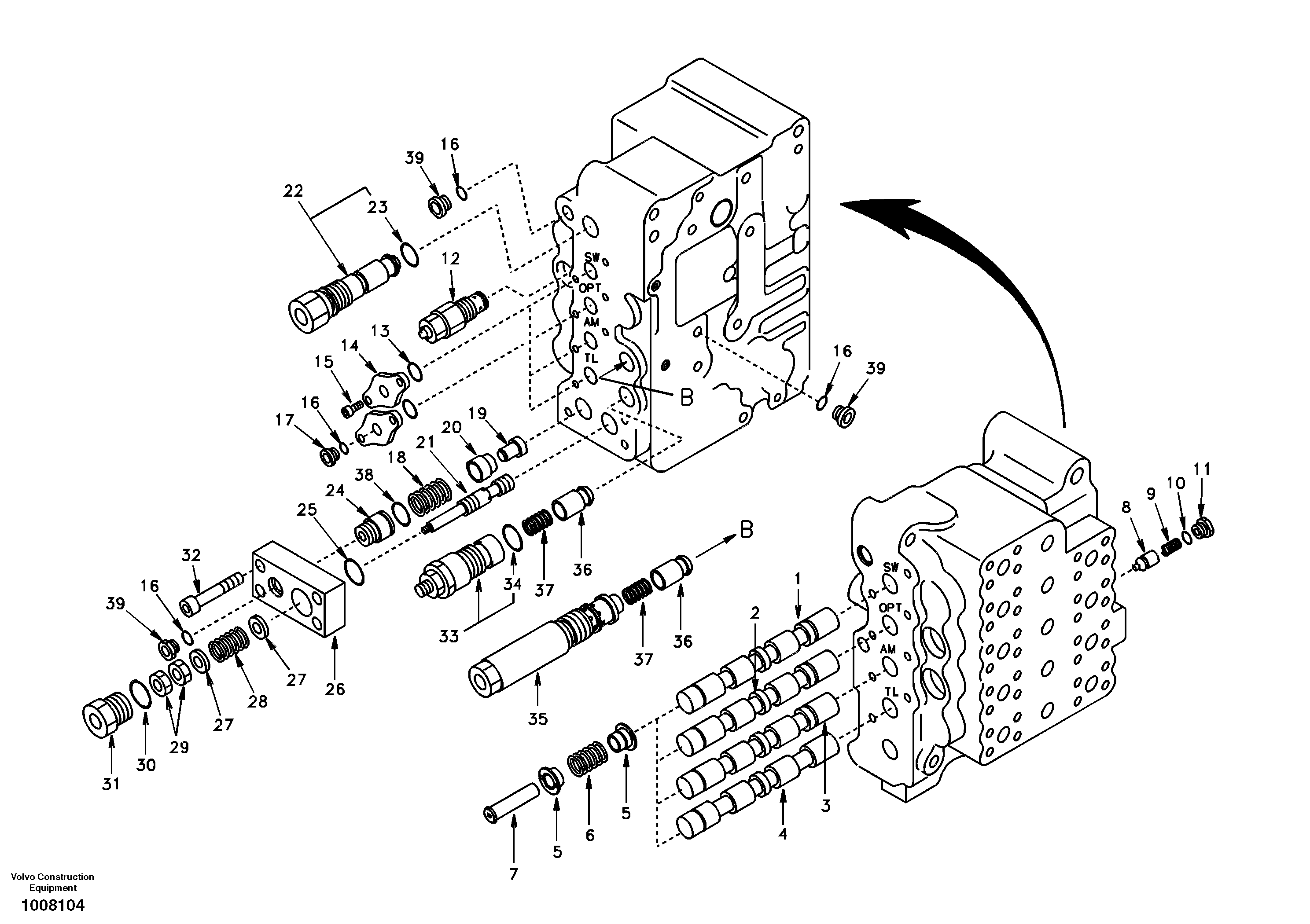 Main control valve, swing and option and dipper arm and travel Lh — volvo parts diagram