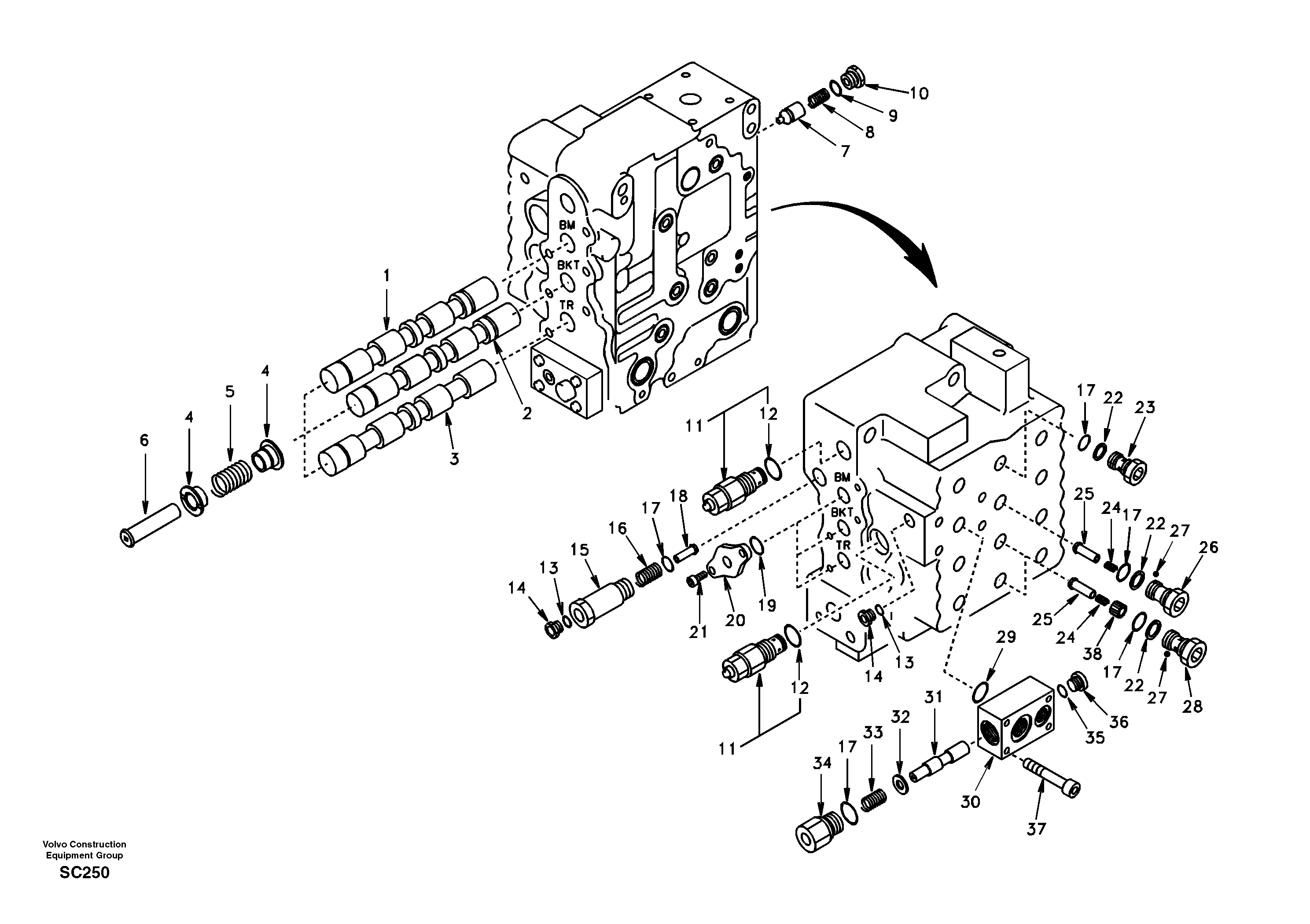 Main control valve, boom and bucket and travel Rh — volvo parts diagram