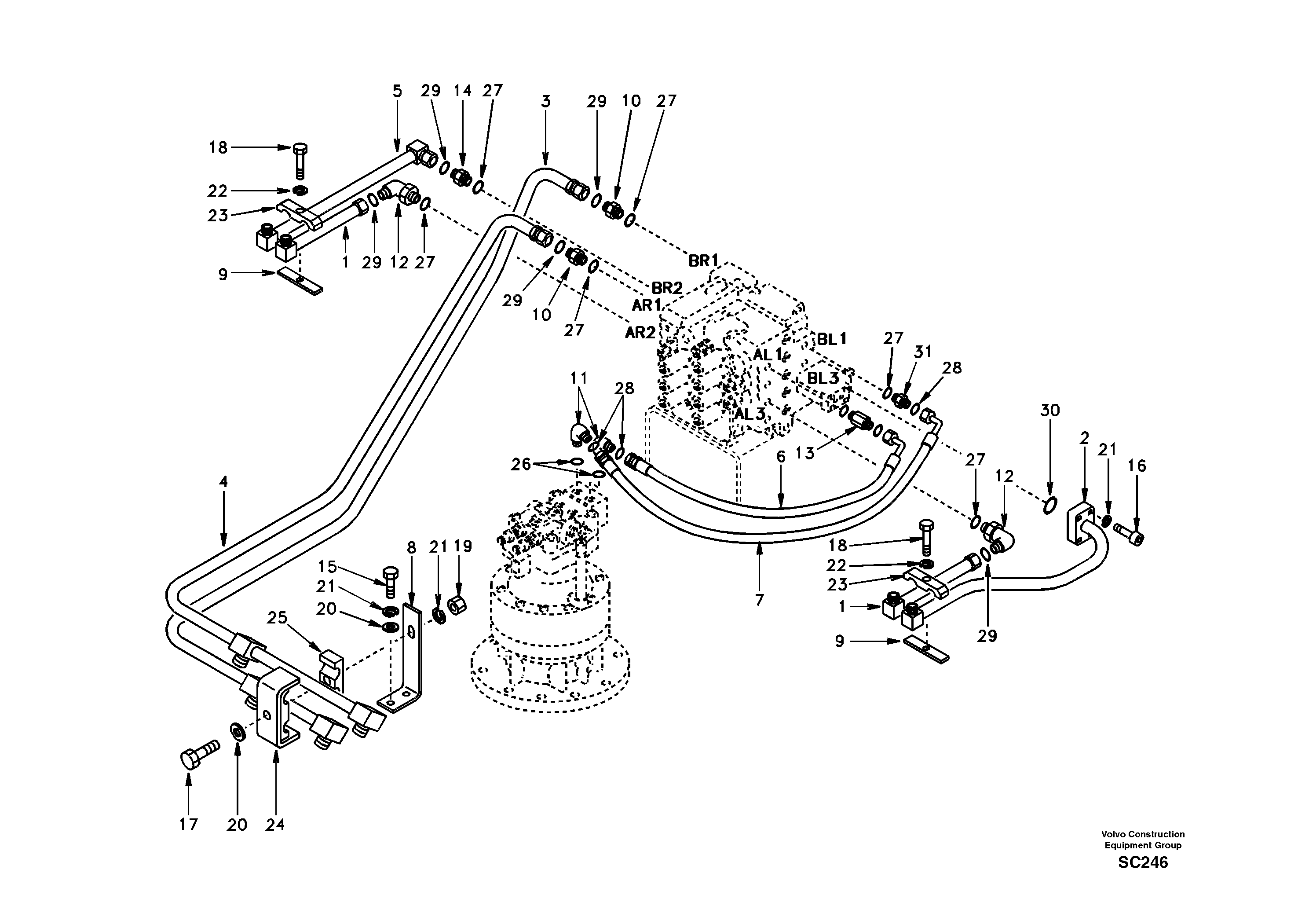 Hydraulic system, control valve to boom and swing — volvo parts diagram