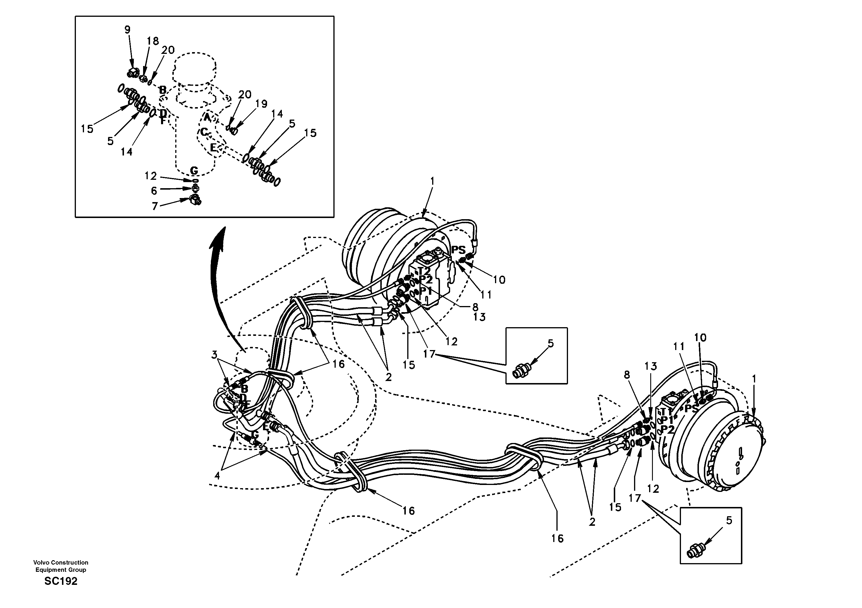 Turning joint line, turning joint to travel motor — volvo parts diagram