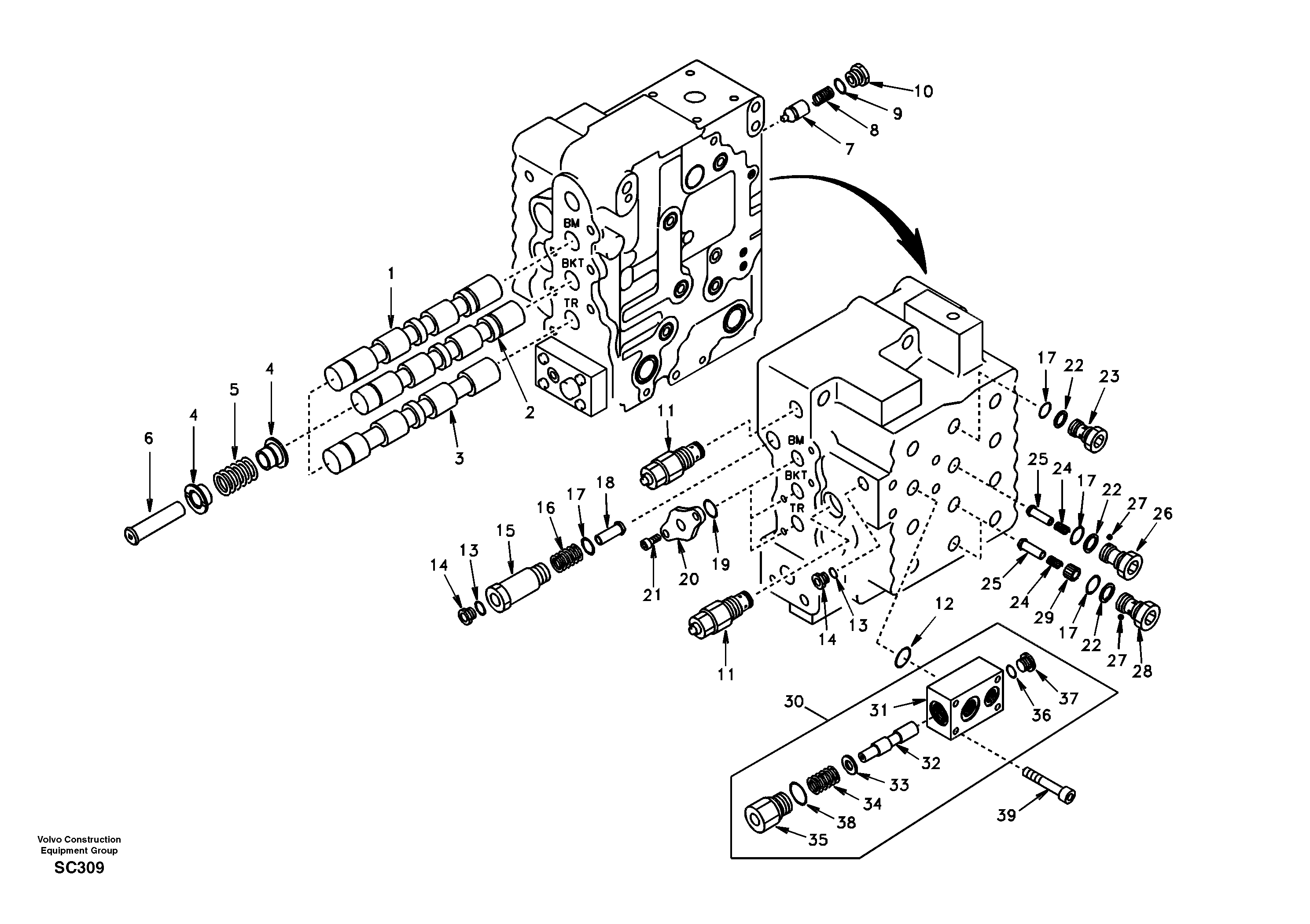 Main control valve, boom and bucket and travel Rh — volvo parts diagram